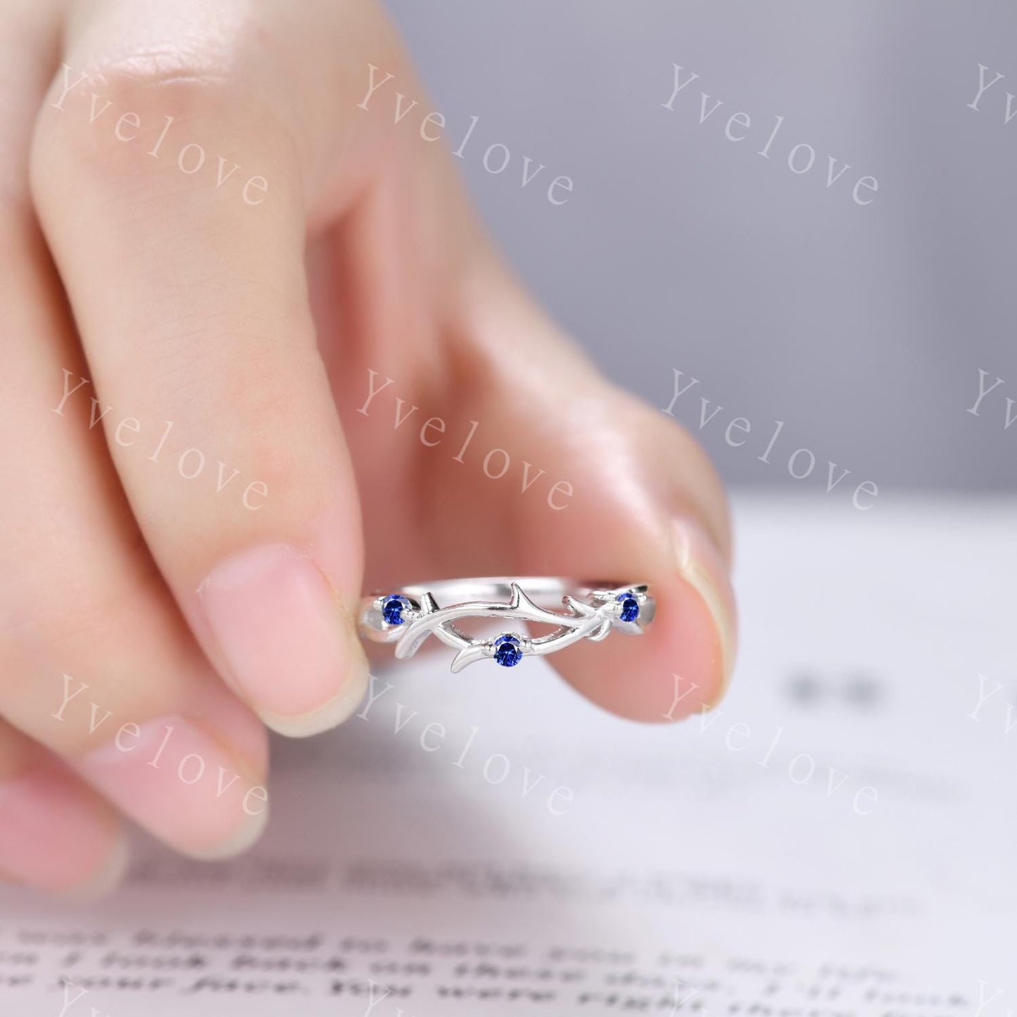 Couples ring blue sapphire ring twig branch vines ring men and women wedding band Silver Promise ring Stacking Matching Band Unique Gift