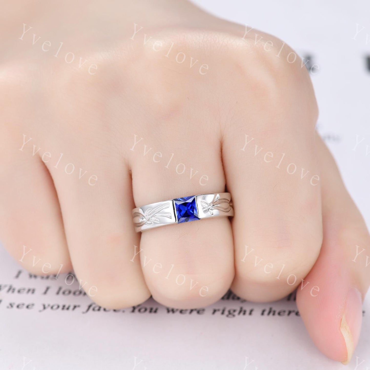 Couples ring blue sapphire ring twig branch vines ring men and women wedding band Silver Promise ring Stacking Matching Band Unique Gift