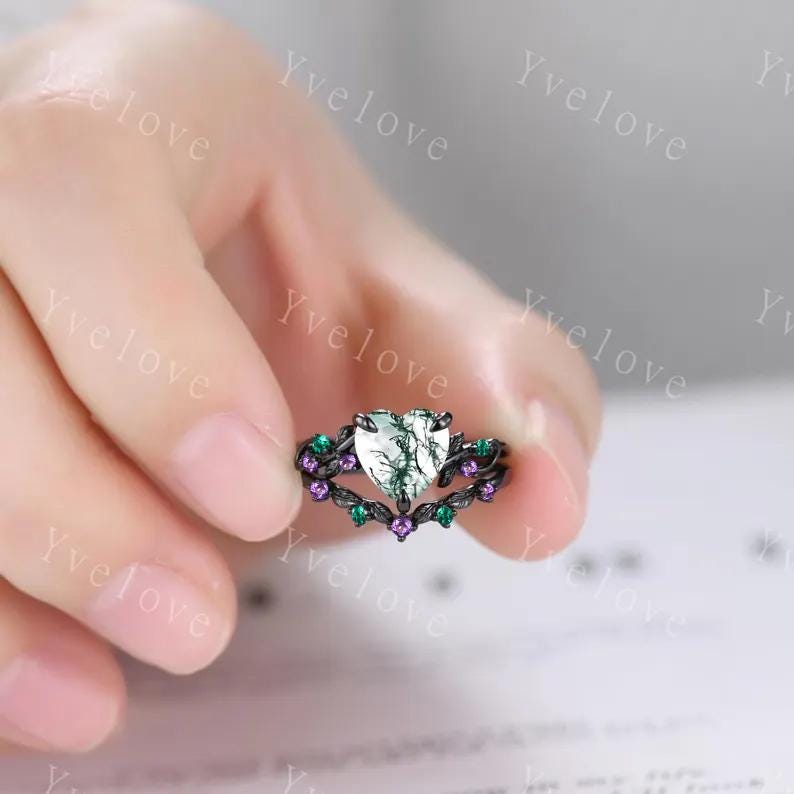 8mm Heart Moss Agate Ring,Gothic Twig Vine Leaf Branch Ring,Vintage Emerald Amethyst Bridal Ring Anniversary Gift,Black Gold Wedding Band