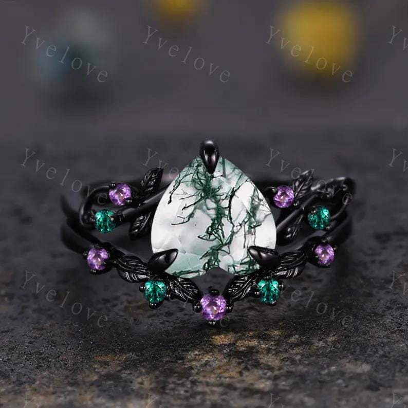 8mm Heart Moss Agate Ring,Gothic Twig Vine Leaf Branch Ring,Vintage Emerald Amethyst Bridal Ring Anniversary Gift,Black Gold Wedding Band