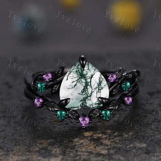 8mm Heart Moss Agate Ring,Gothic Twig Vine Leaf Branch Ring,Vintage Emerald Amethyst Bridal Ring Anniversary Gift,Black Gold Wedding Band