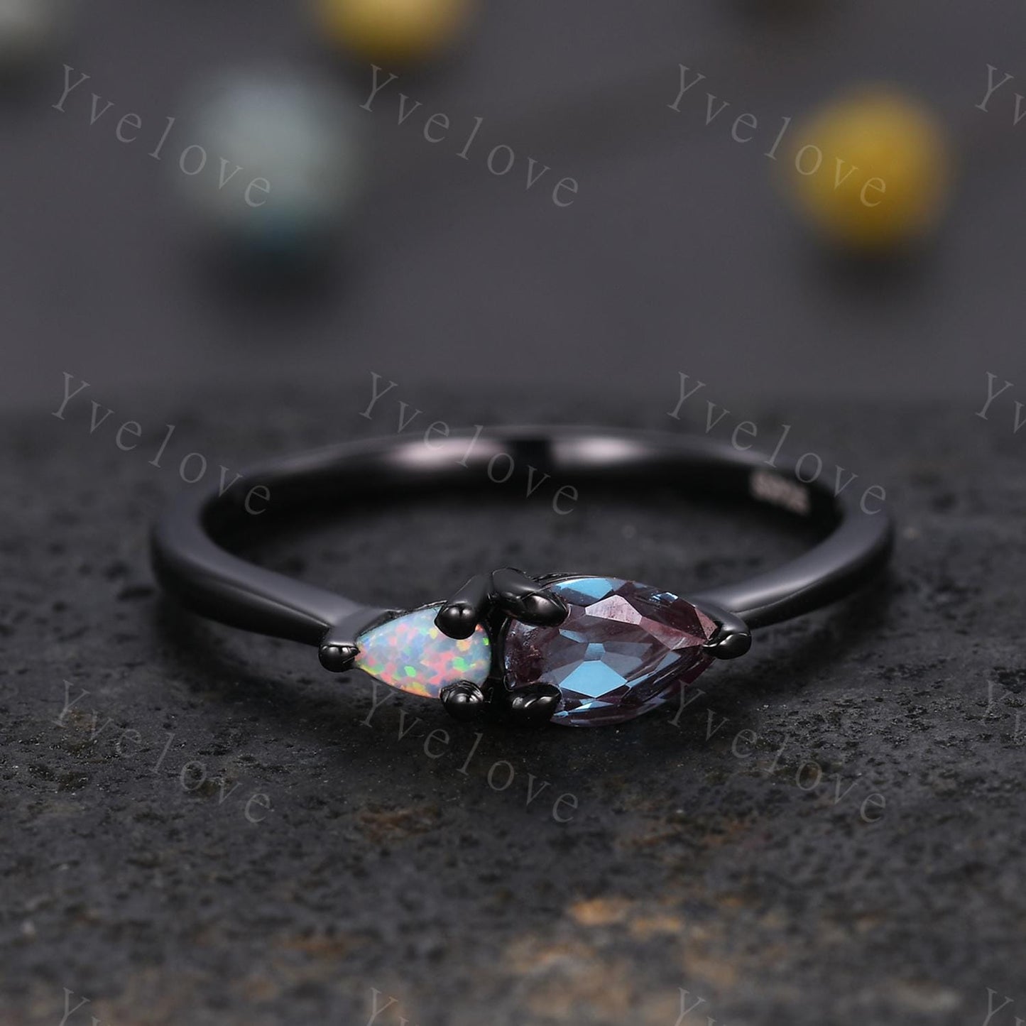 Vintage Alexandrite Opal Engagement Ring,Pear Cut Gems,Art Deco Alexandrite Wedding Band,Unique Women Bridal Promise Ring,Silver Black Band