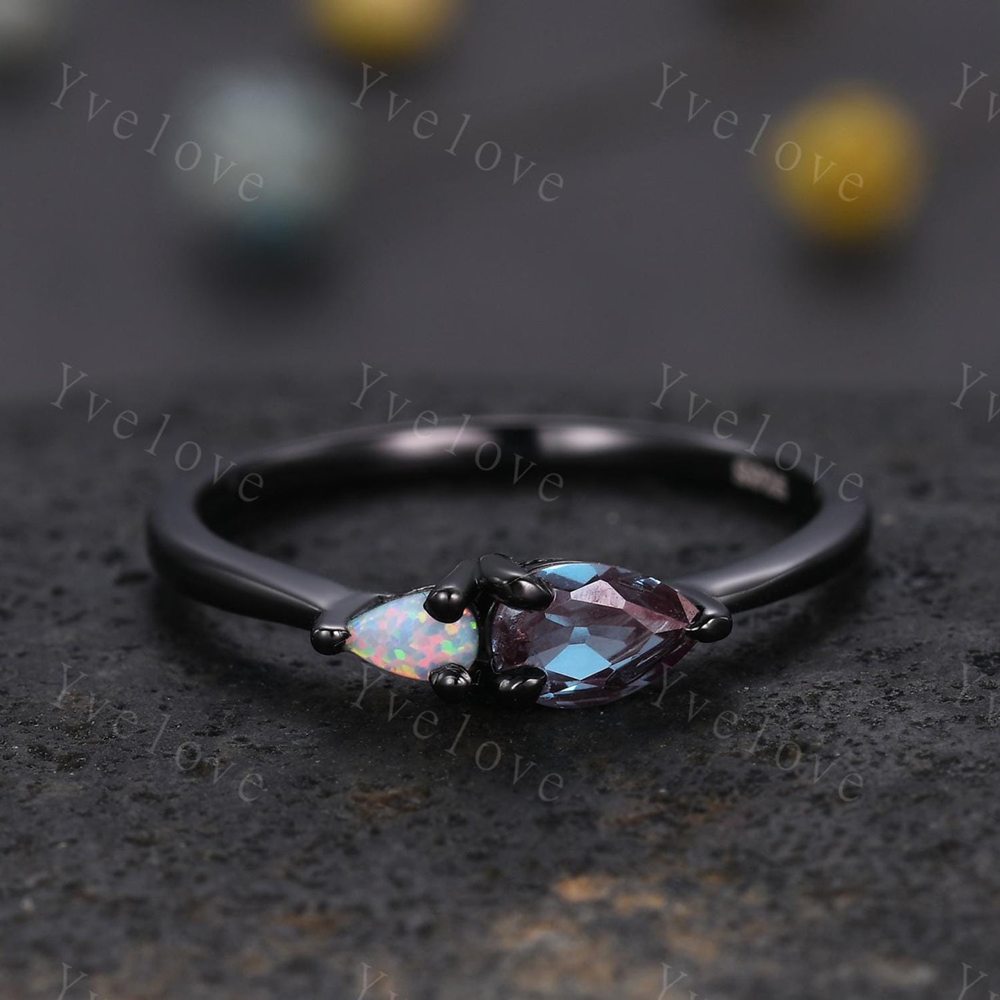Vintage Alexandrite Opal Engagement Ring,Pear Cut Gems,Art Deco Alexandrite Wedding Band,Unique Women Bridal Promise Ring,Customized Gift