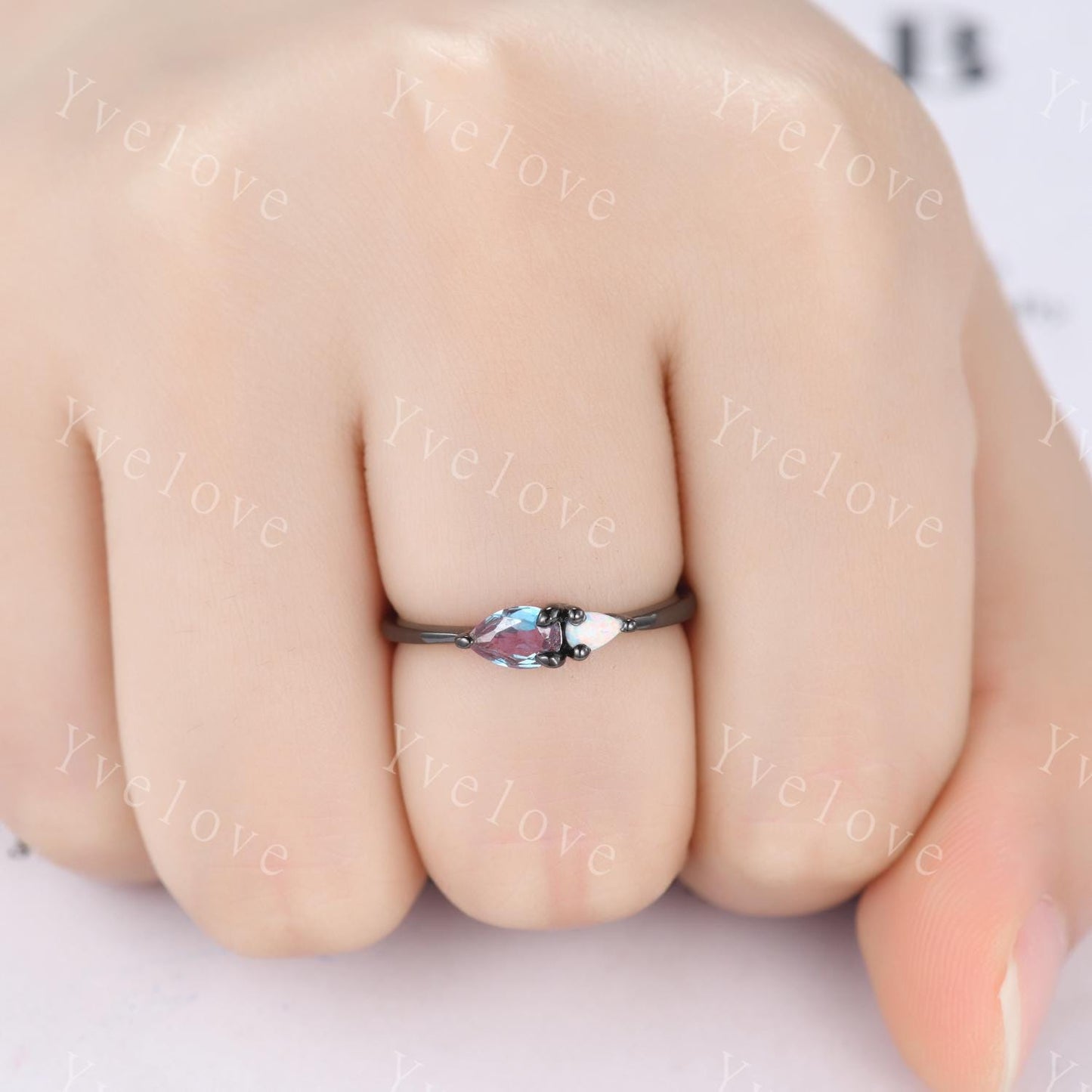 Vintage Alexandrite Opal Engagement Ring,Pear Cut Gems,Art Deco Alexandrite Wedding Band,Unique Women Bridal Promise Ring,Customized Gift