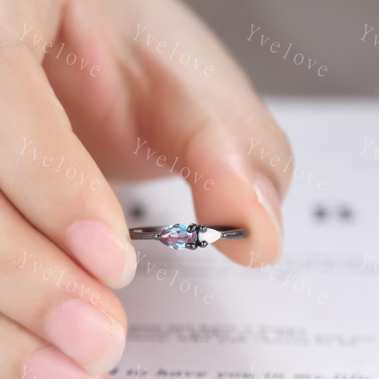 Vintage Alexandrite Opal Engagement Ring,Pear Cut Gems,Art Deco Alexandrite Wedding Band,Unique Women Bridal Promise Ring,Customized Gift