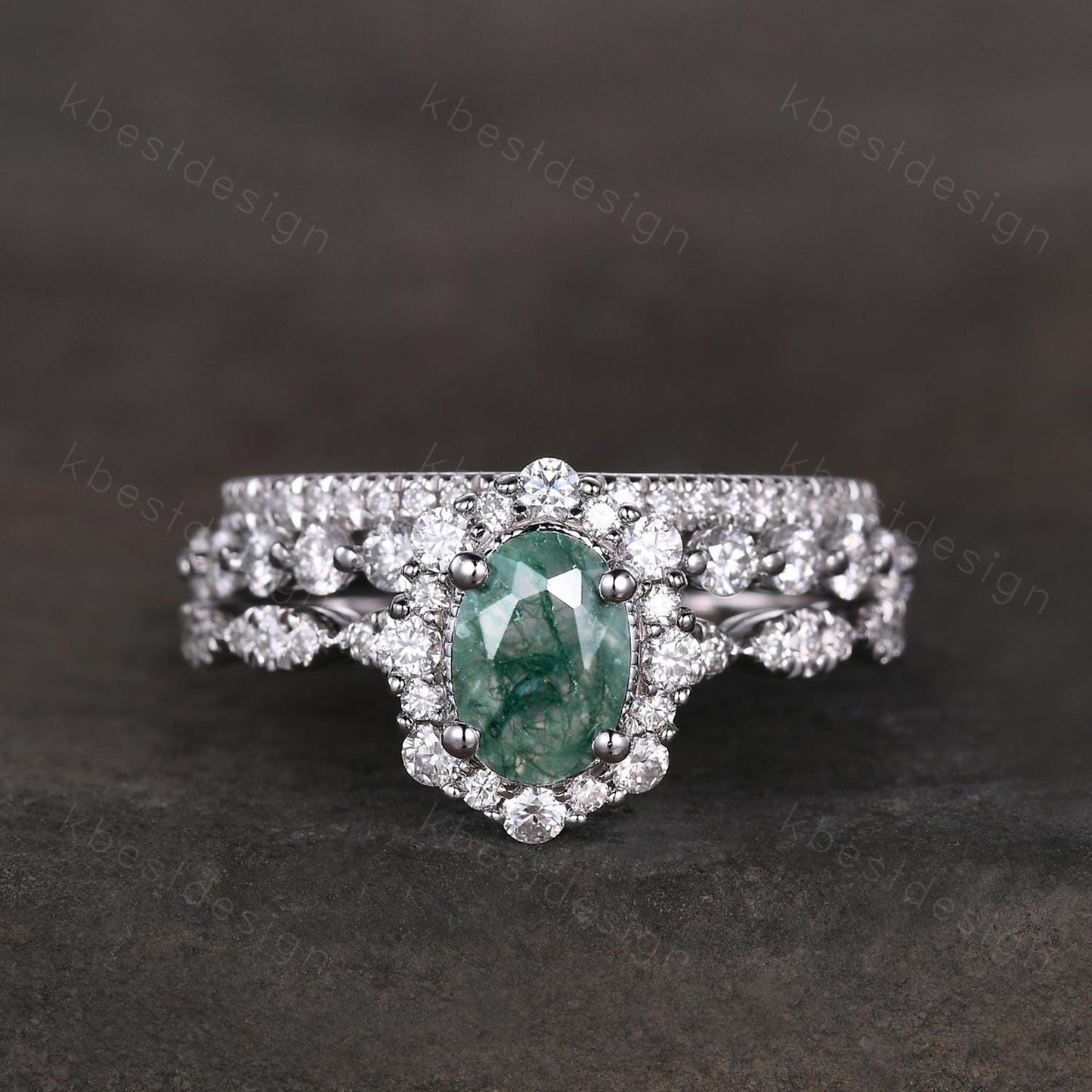 Vintage oval moss agate engagement ring set sterling silver 2mm half eternity moissanite band unique art deco bridal wedding ring set