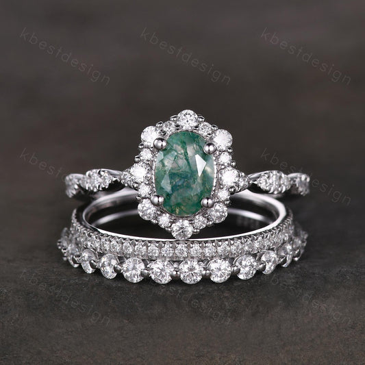 Vintage oval moss agate engagement ring set sterling silver 2mm half eternity moissanite band unique art deco bridal wedding ring set