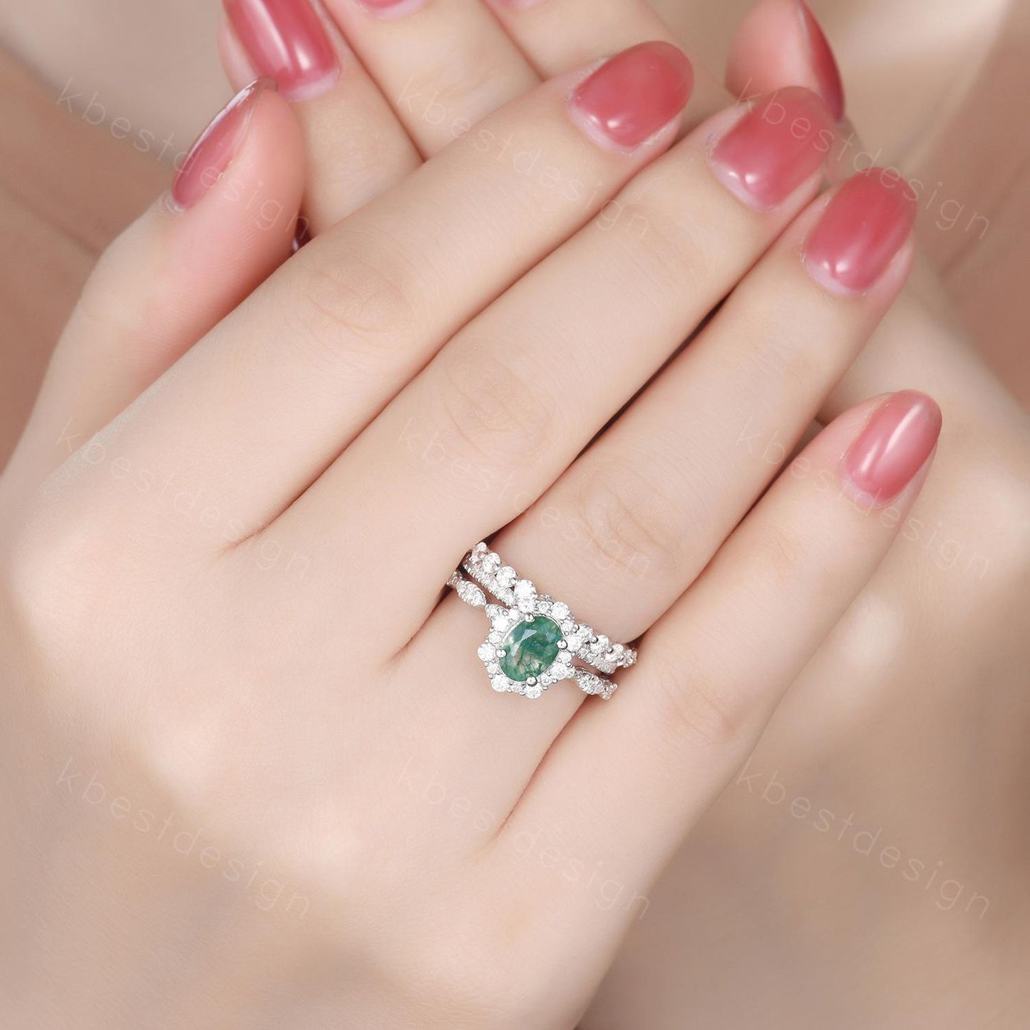 Vintage oval moss agate engagement ring set sterling silver 2mm half eternity moissanite band unique art deco bridal wedding ring set