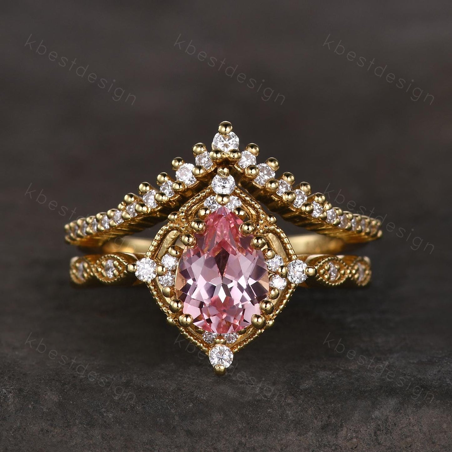 Vintage pink sapphire engagement ring 14k gold ring art deco curve stacking band pear shaped bridal set unique moissanite wedding set