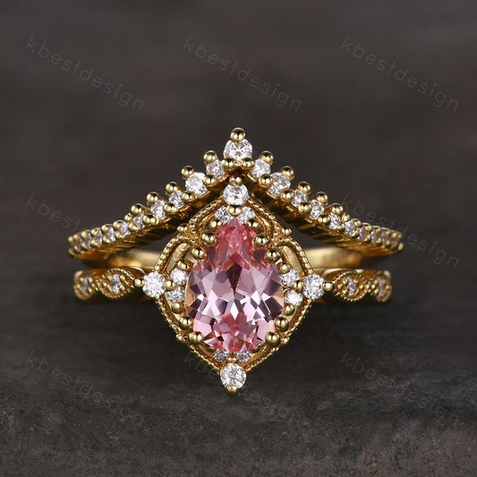 Vintage pink sapphire engagement ring 14k gold ring art deco curve stacking band pear shaped bridal set unique moissanite wedding set