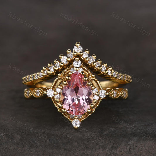 Vintage pink sapphire engagement ring 14k gold ring art deco curve stacking band pear shaped bridal set unique moissanite wedding set