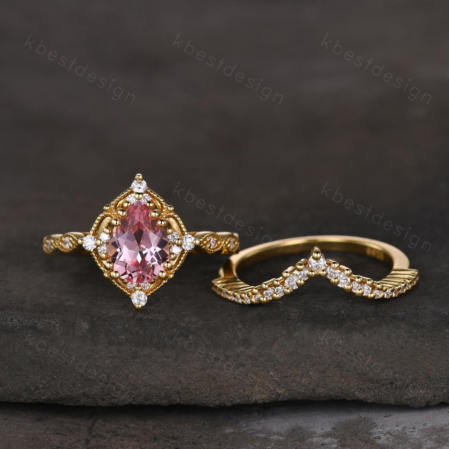 Vintage pink sapphire engagement ring 14k gold ring art deco curve stacking band pear shaped bridal set unique moissanite wedding set