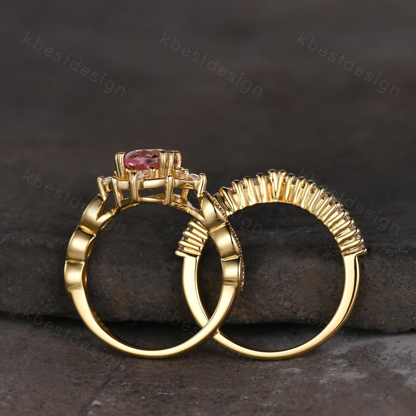 Vintage pink sapphire engagement ring 14k gold ring art deco curve stacking band pear shaped bridal set unique moissanite wedding set