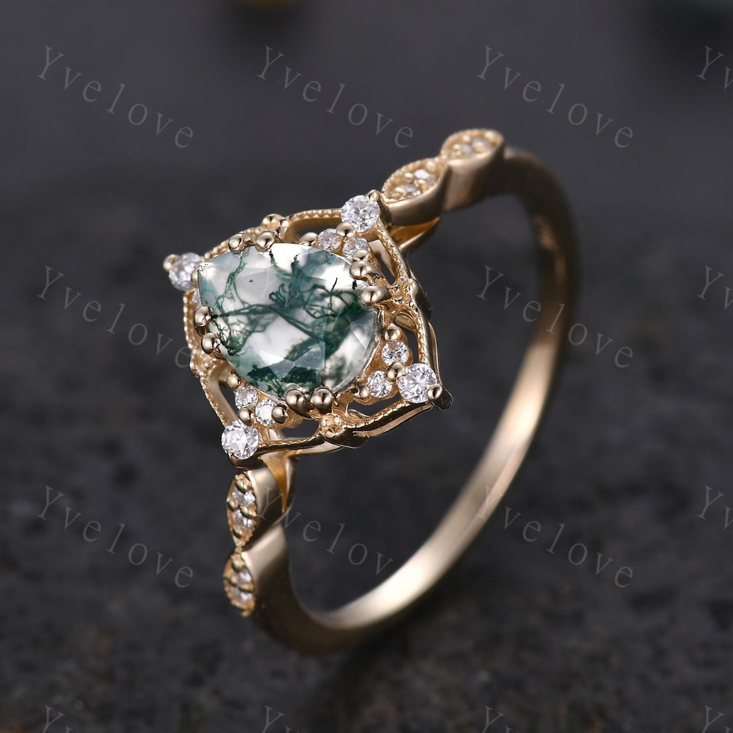Vintage Moss Agate Engagement Ring,Teardrop Shape Green Agate Ring,14K Gold Ring,Unique Women Moissanite Promise Ring For Her,Handmade Gift