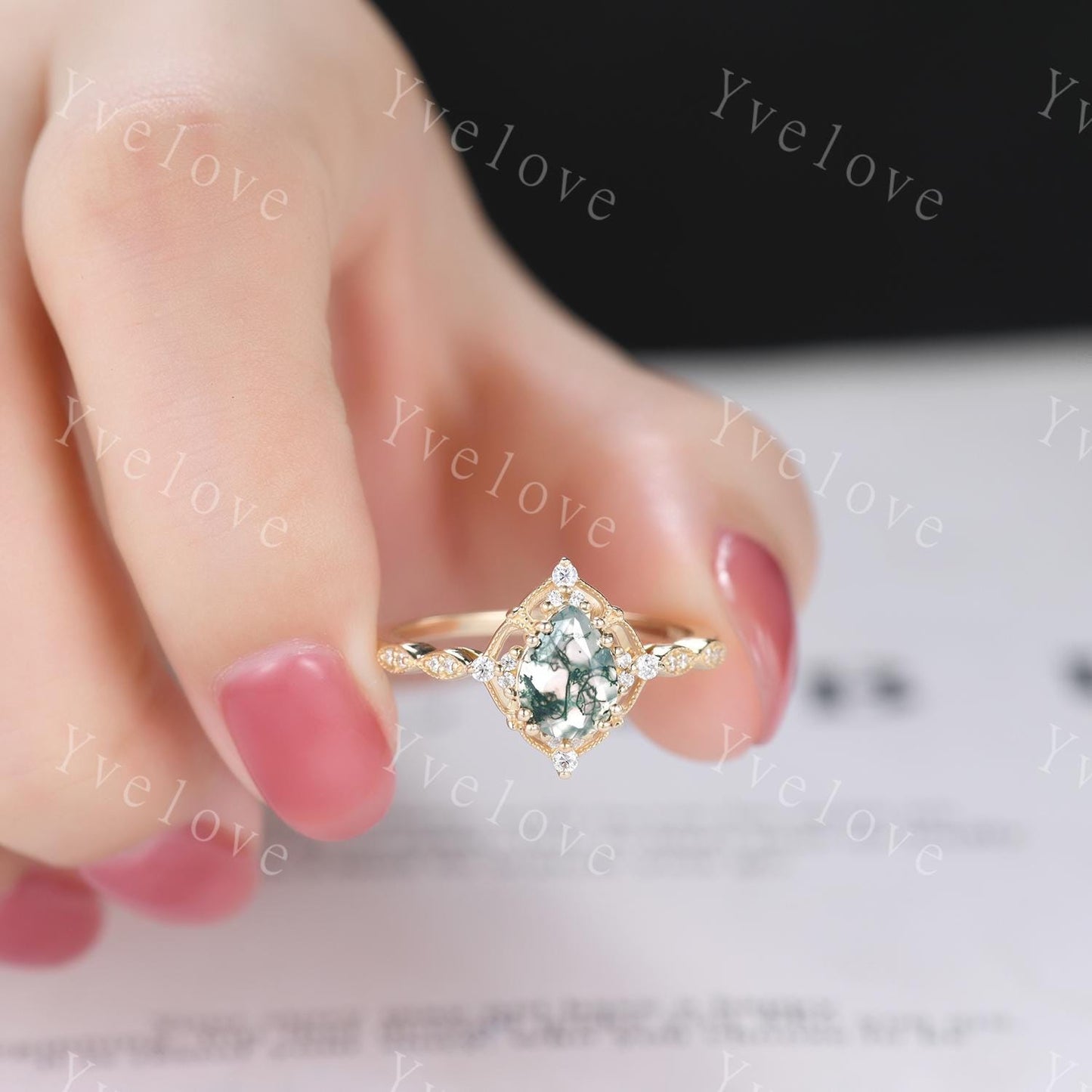 Vintage Moss Agate Engagement Ring,Teardrop Shape Green Agate Ring,14K Gold Ring,Unique Women Moissanite Promise Ring For Her,Handmade Gift