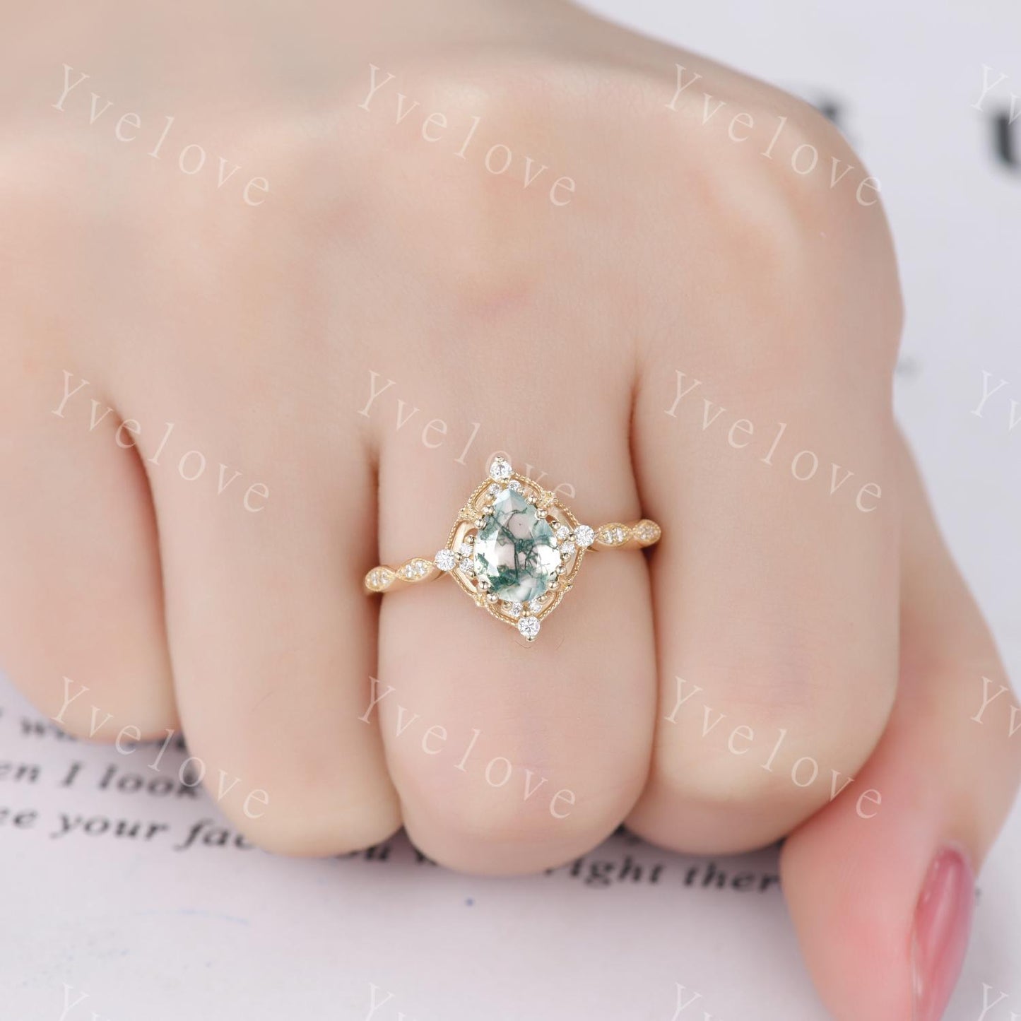 Vintage Moss Agate Engagement Ring,Teardrop Shape Green Agate Ring,14K Gold Ring,Unique Women Moissanite Promise Ring For Her,Handmade Gift