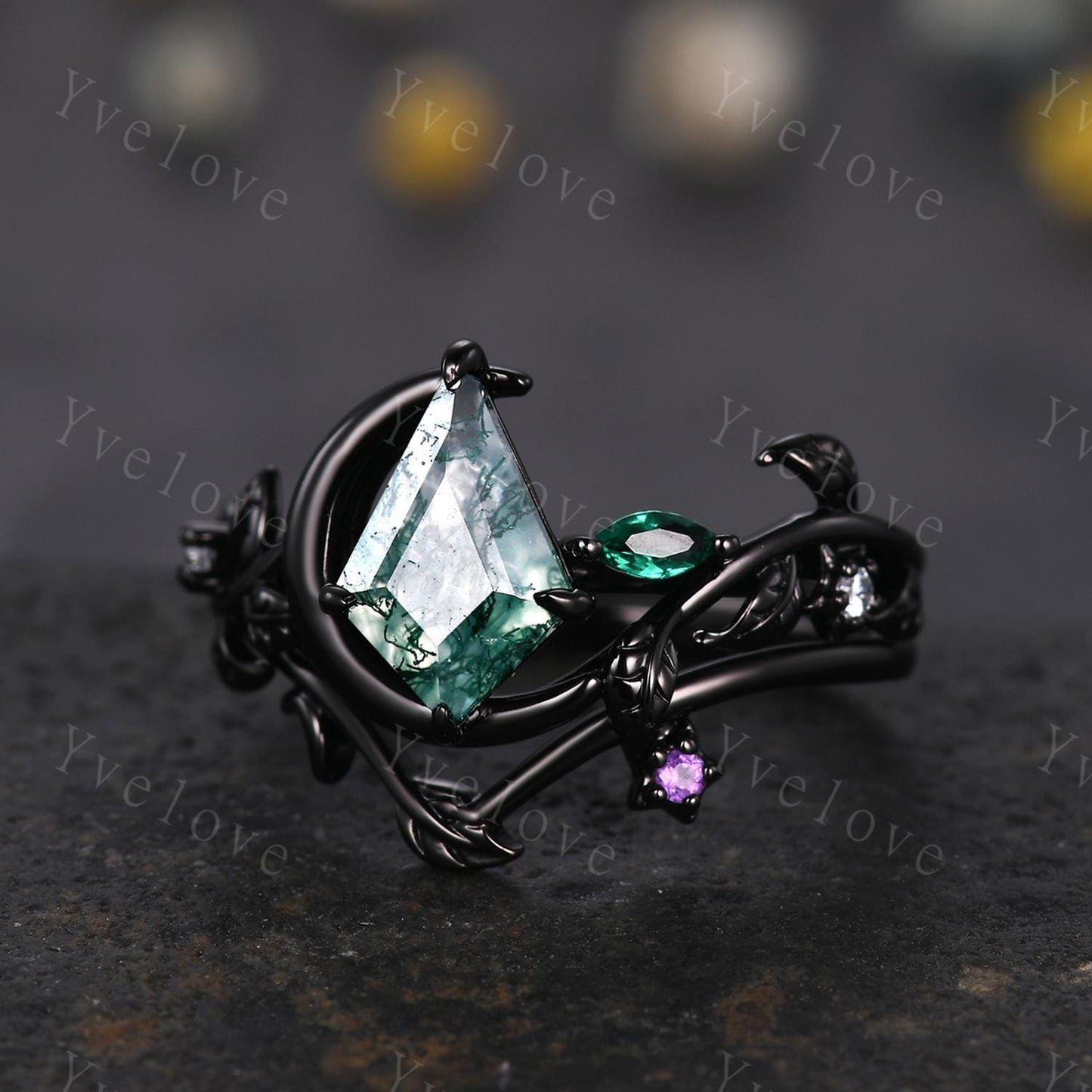 Crescent Moon Ring Vintage Kite Moss Agate Engagement Ring,Black Gold Band,Art Deco Leaf Amethyst Emerald Ring,Women Bridal Set,Promise Gift