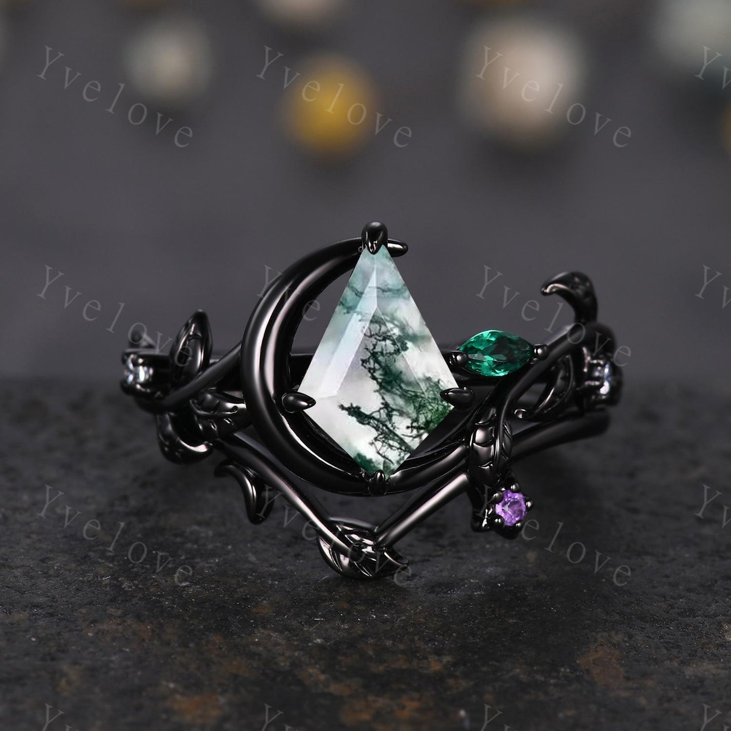 Crescent Moon Ring Vintage Kite Moss Agate Engagement Ring,Black Gold Band,Art Deco Leaf Amethyst Emerald Ring,Women Bridal Set,Promise Gift