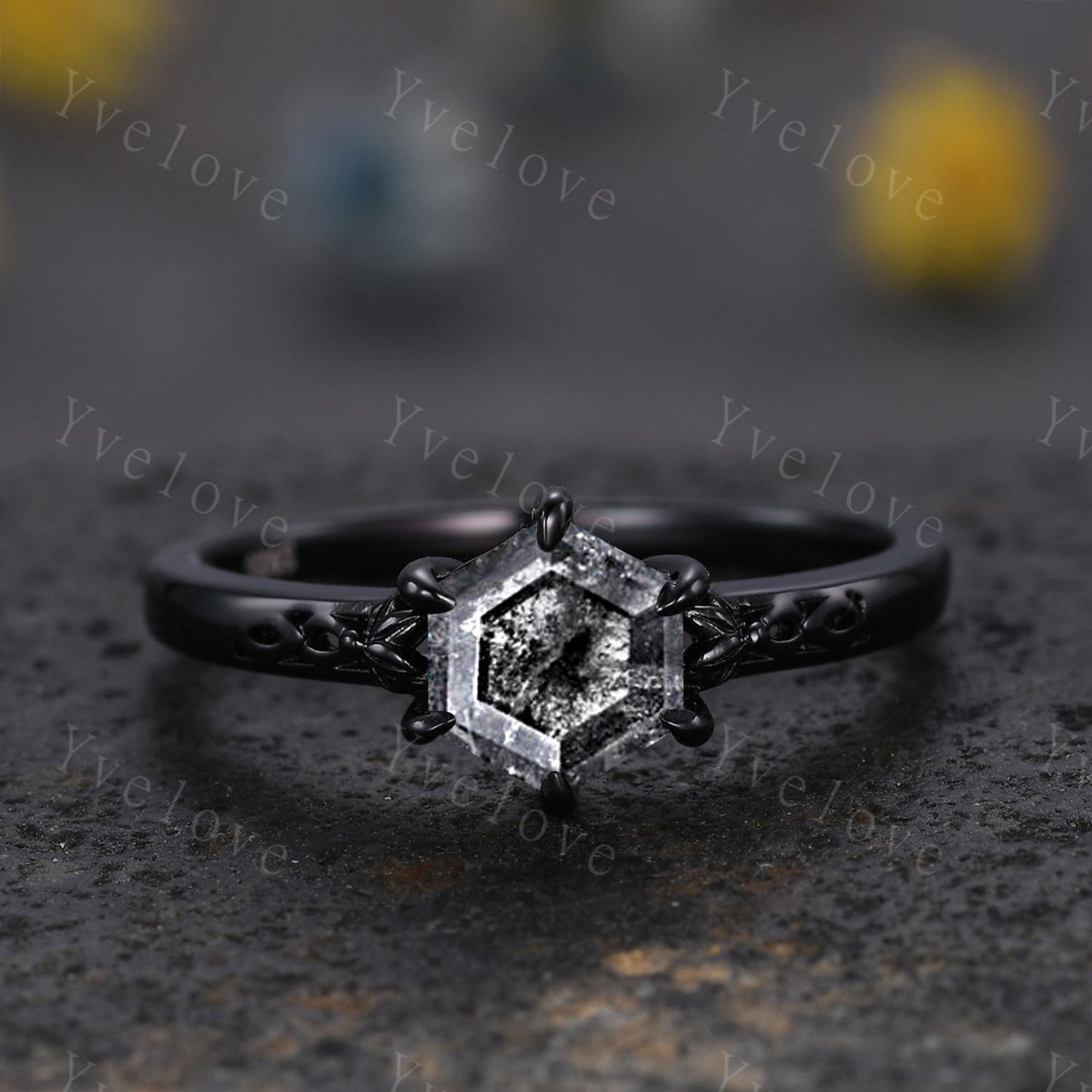 Vintage Salt Pepper Diamond Engagement Ring Set,18k Black Gold Ring,Hexagon Cut Bridal Ring,Art Deco Gray Diamond Matching Band Promise Gift