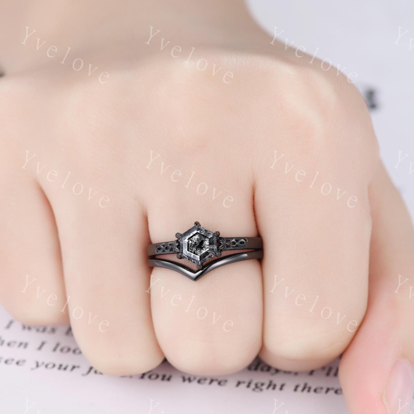 Vintage Salt Pepper Diamond Engagement Ring,14k 18k Black Gold Ring,Hexagon Cut Bridal Ring,Art Deco Gray Diamond Matching Band Promise Gift