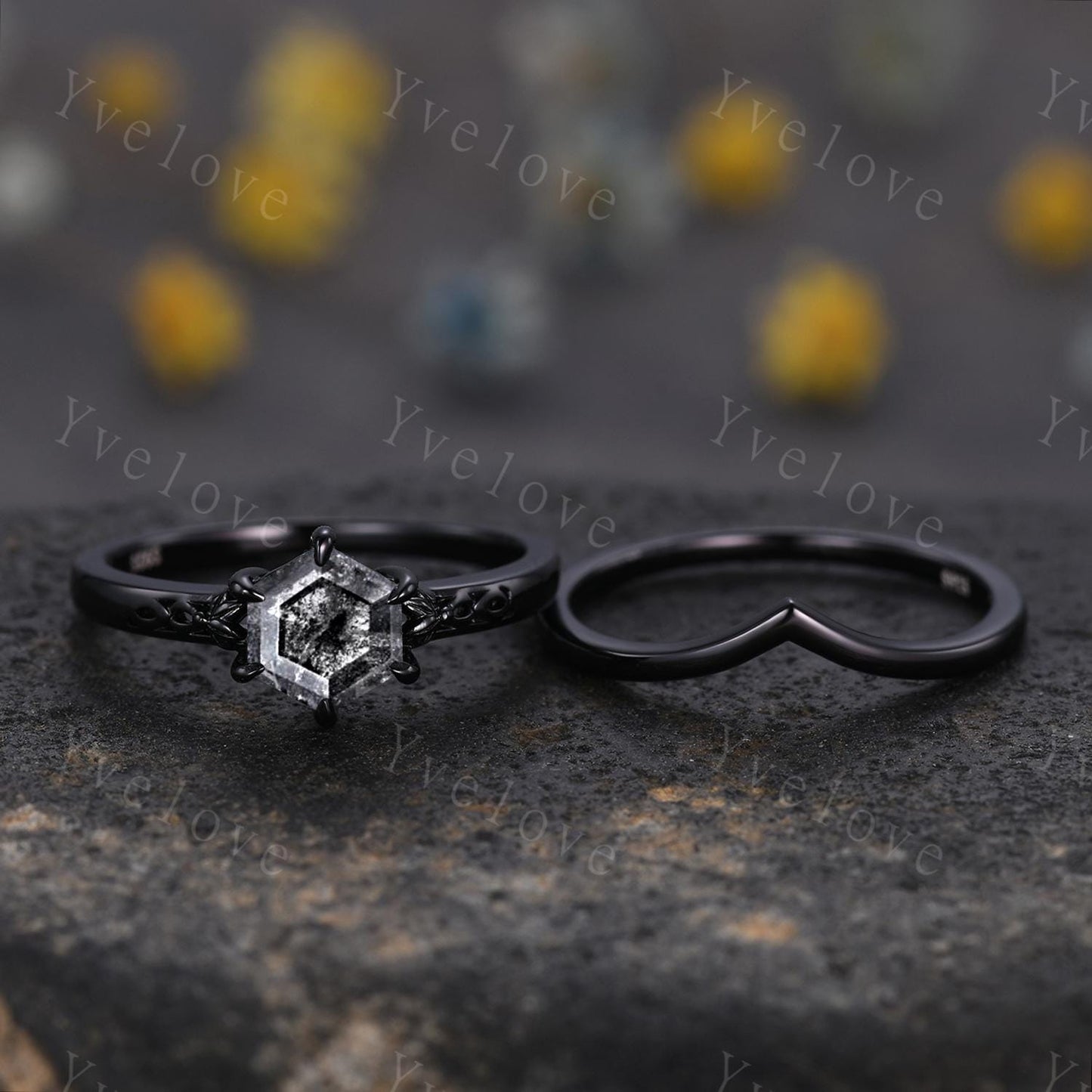 Vintage Salt Pepper Diamond Engagement Ring Set,18k Black Gold Ring,Hexagon Cut Bridal Ring,Art Deco Gray Diamond Matching Band Promise Gift