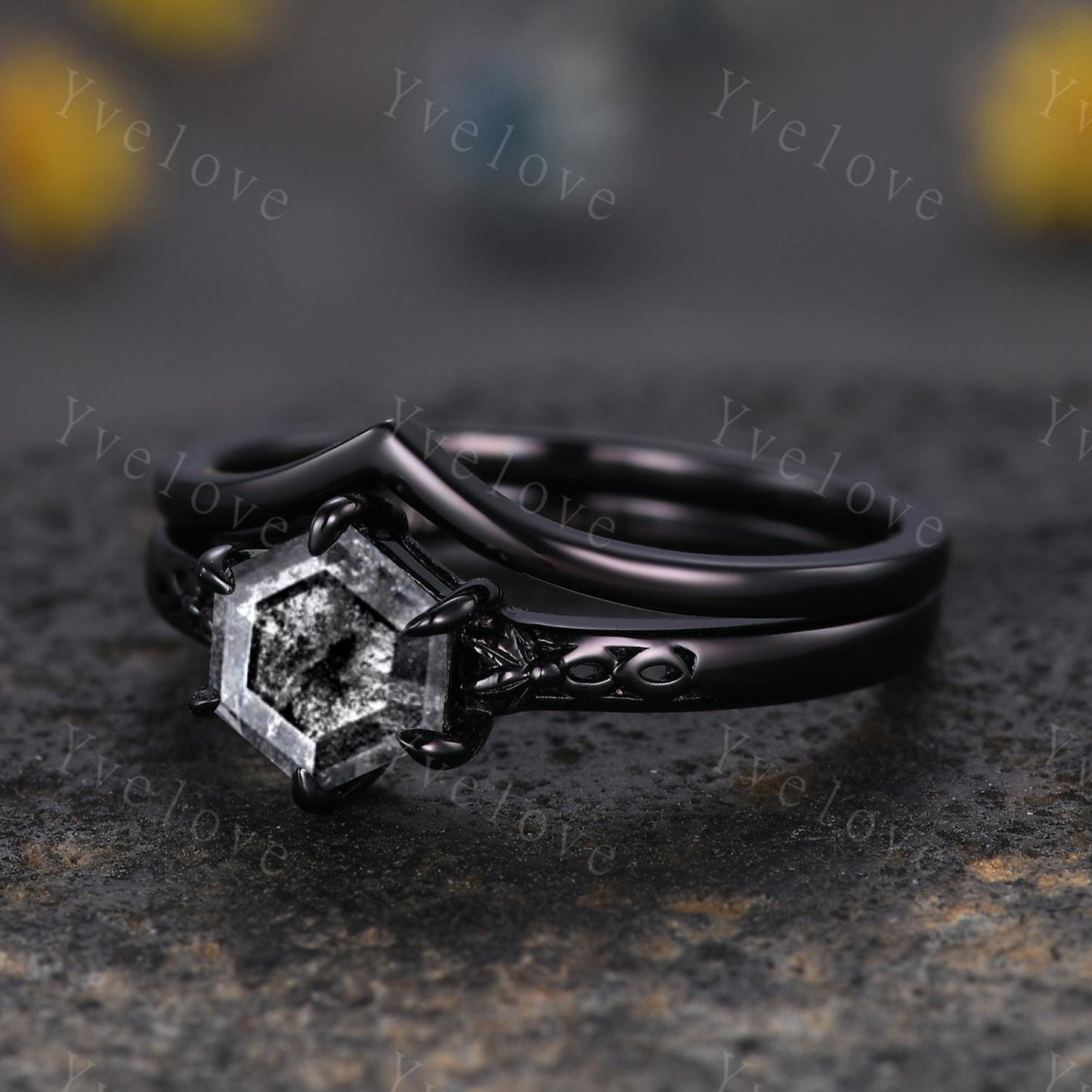 Vintage Salt Pepper Diamond Engagement Ring,14k 18k Black Gold Ring,Hexagon Cut Bridal Ring,Art Deco Gray Diamond Matching Band Promise Gift