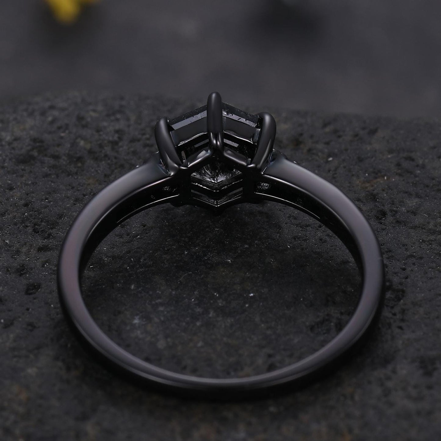 Vintage Salt Pepper Diamond Engagement Ring,14k 18k Black Gold Ring,Hexagon Cut Bridal Ring,Art Deco Gray Diamond Matching Band Promise Gift