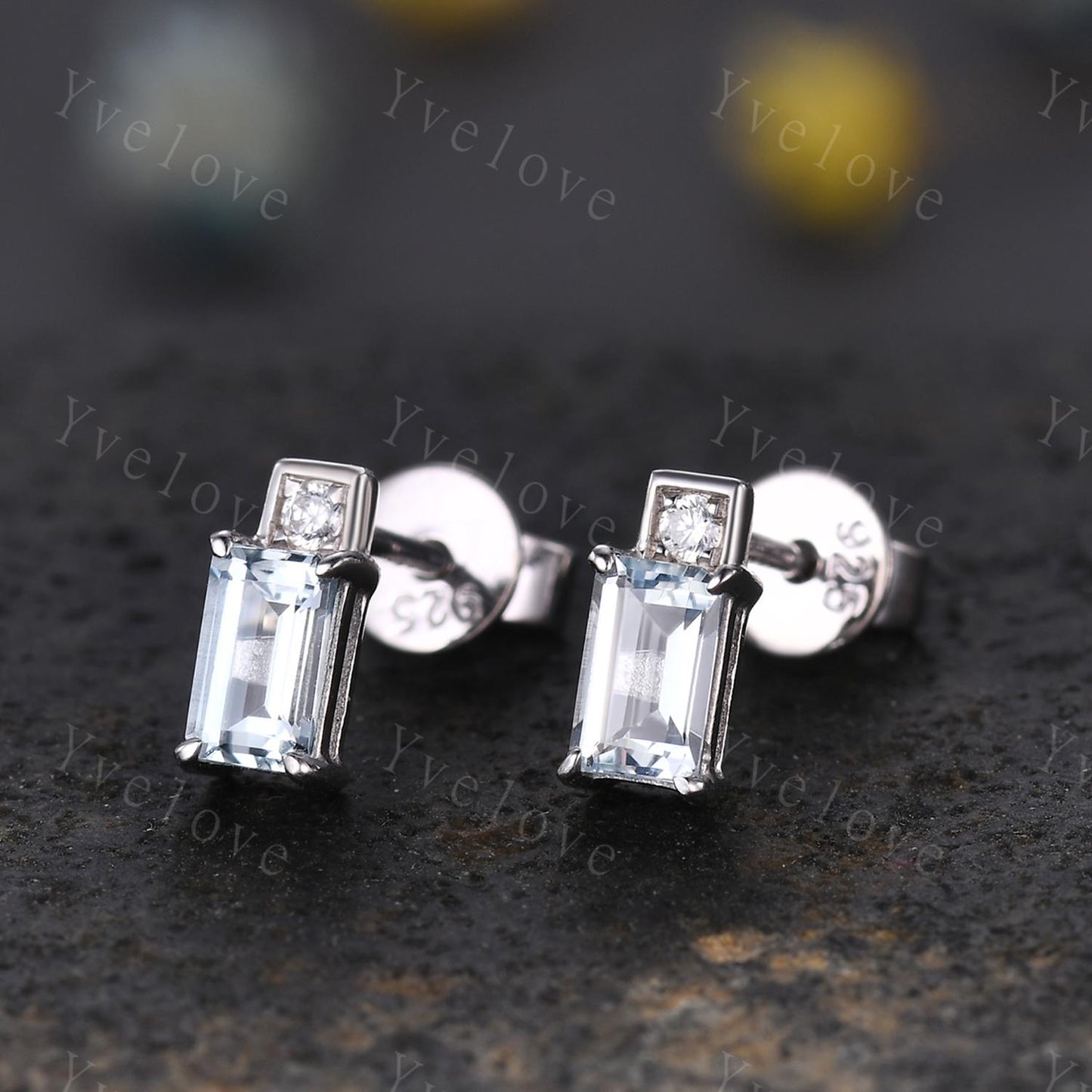 Tiny Baguette Aquamarine Moissanite Earrings,Dainty Cartilage earring,Bar-type Stud,Ear lobe Perfect Second Piercing Earring Bridesmaid Gift