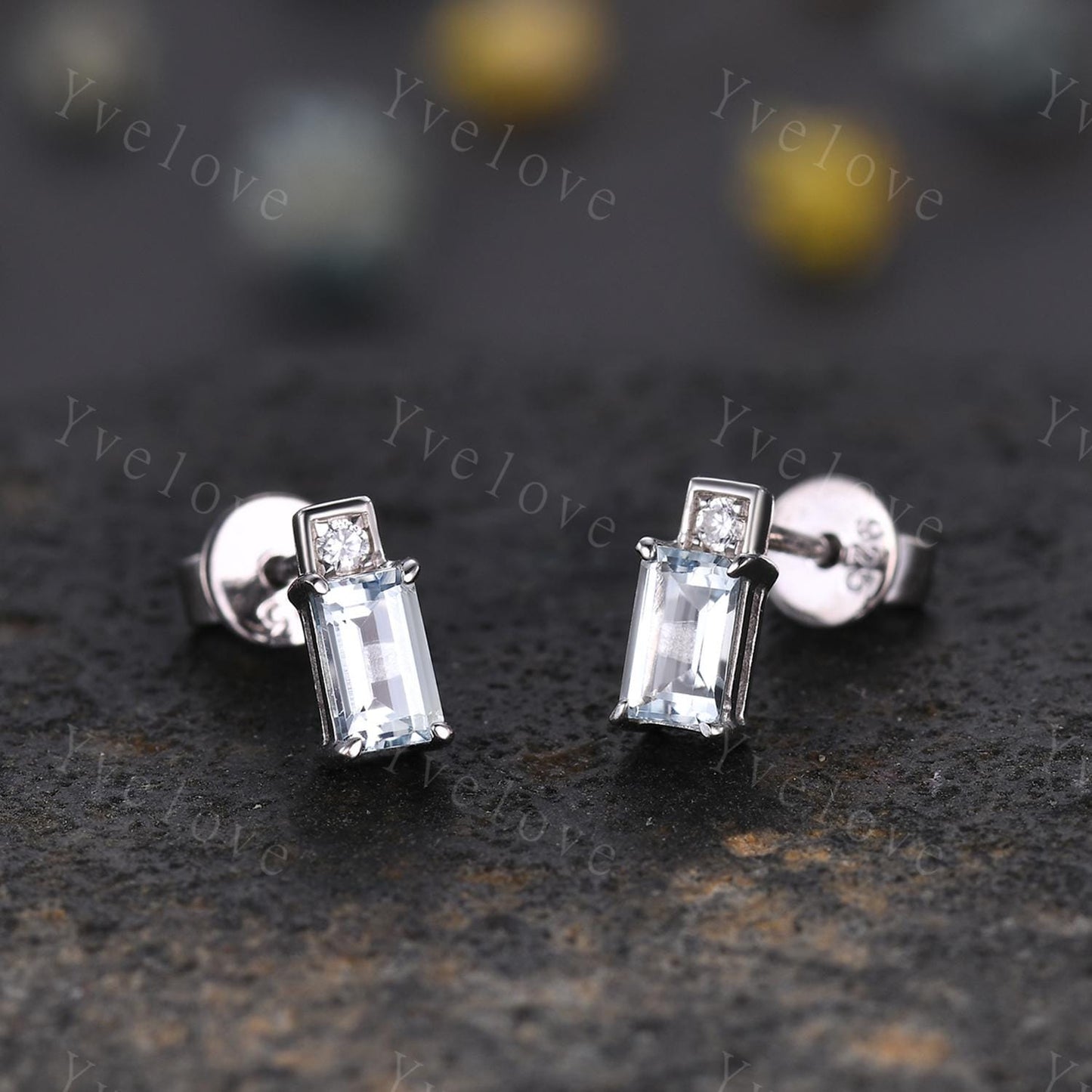 Tiny Baguette Aquamarine Moissanite Earrings,Dainty Cartilage earring,Bar-type Stud,Ear lobe Perfect Second Piercing Earring Bridesmaid Gift