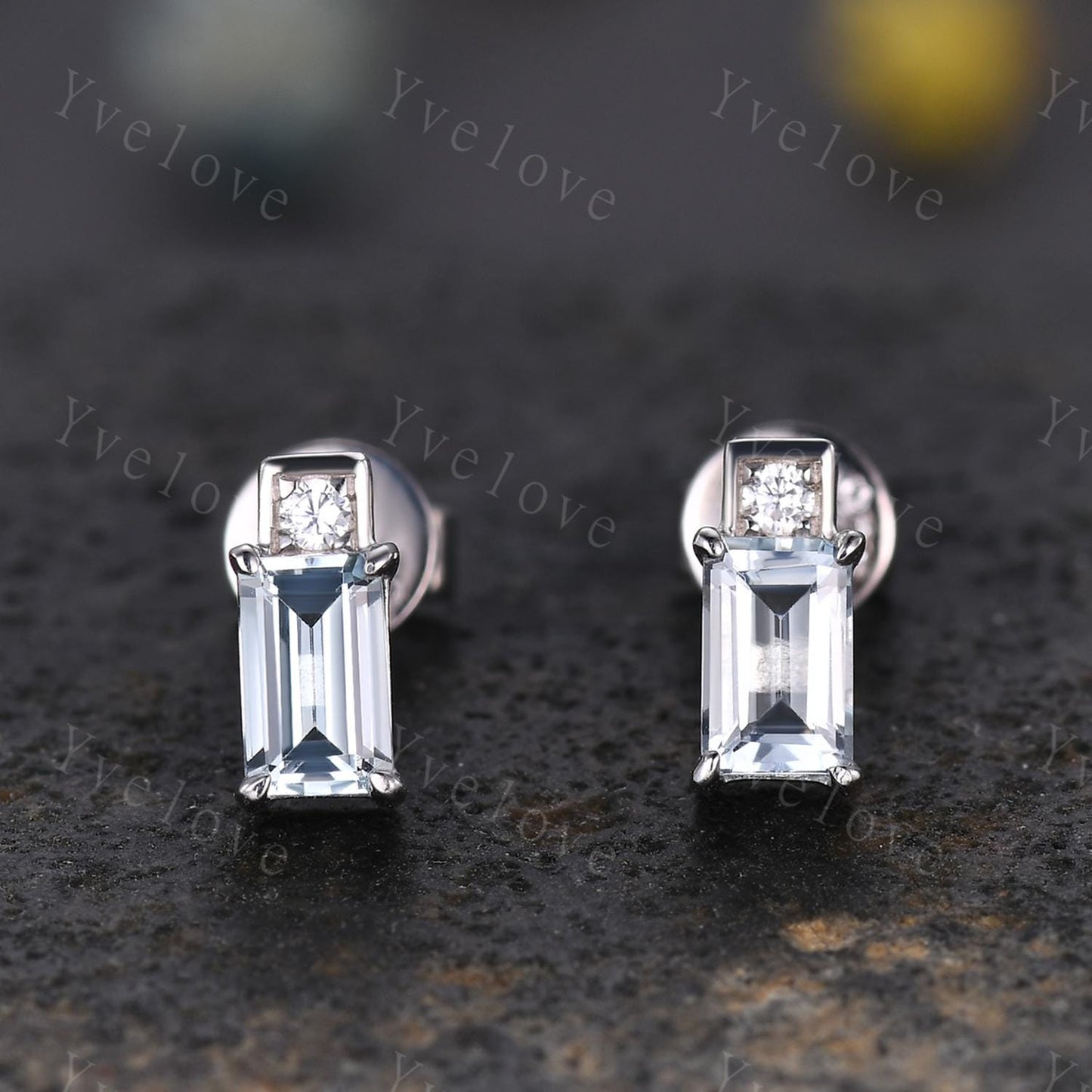 Tiny Baguette Aquamarine Moissanite Earrings,Dainty Cartilage earring,Bar-type Stud,Ear lobe Perfect Second Piercing Earring Bridesmaid Gift