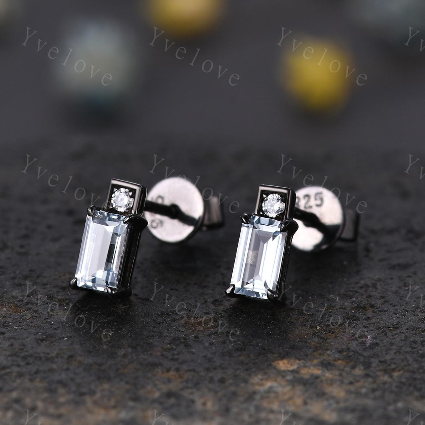 Tiny Baguette Aquamarine Moissanite Earrings,Dainty Black Gold Earring,Bar-type Stud,Ear lobe Perfect Piercing Earring Bridal Gift For Her