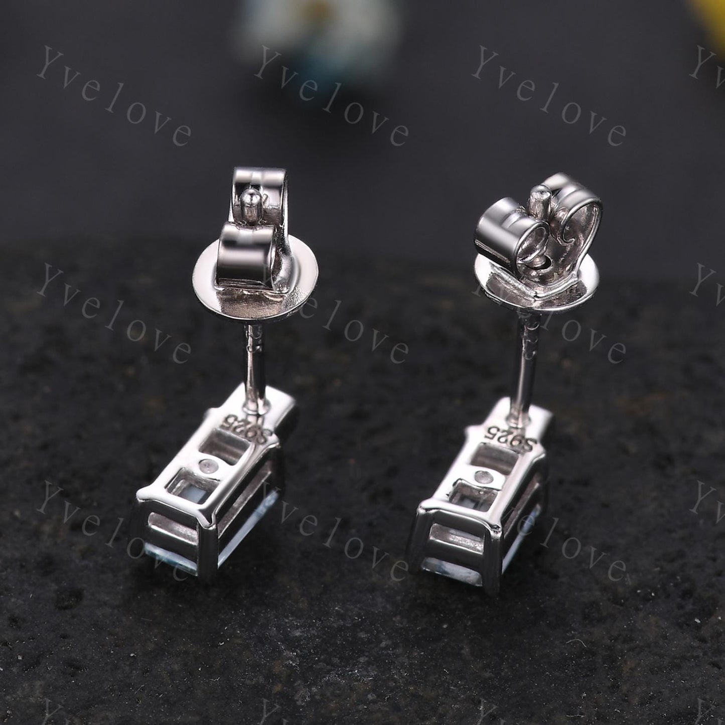 Tiny Baguette Aquamarine Moissanite Earrings,Dainty Black Gold Earring,Bar-type Stud,Ear lobe Perfect Piercing Earring Bridal Gift For Her