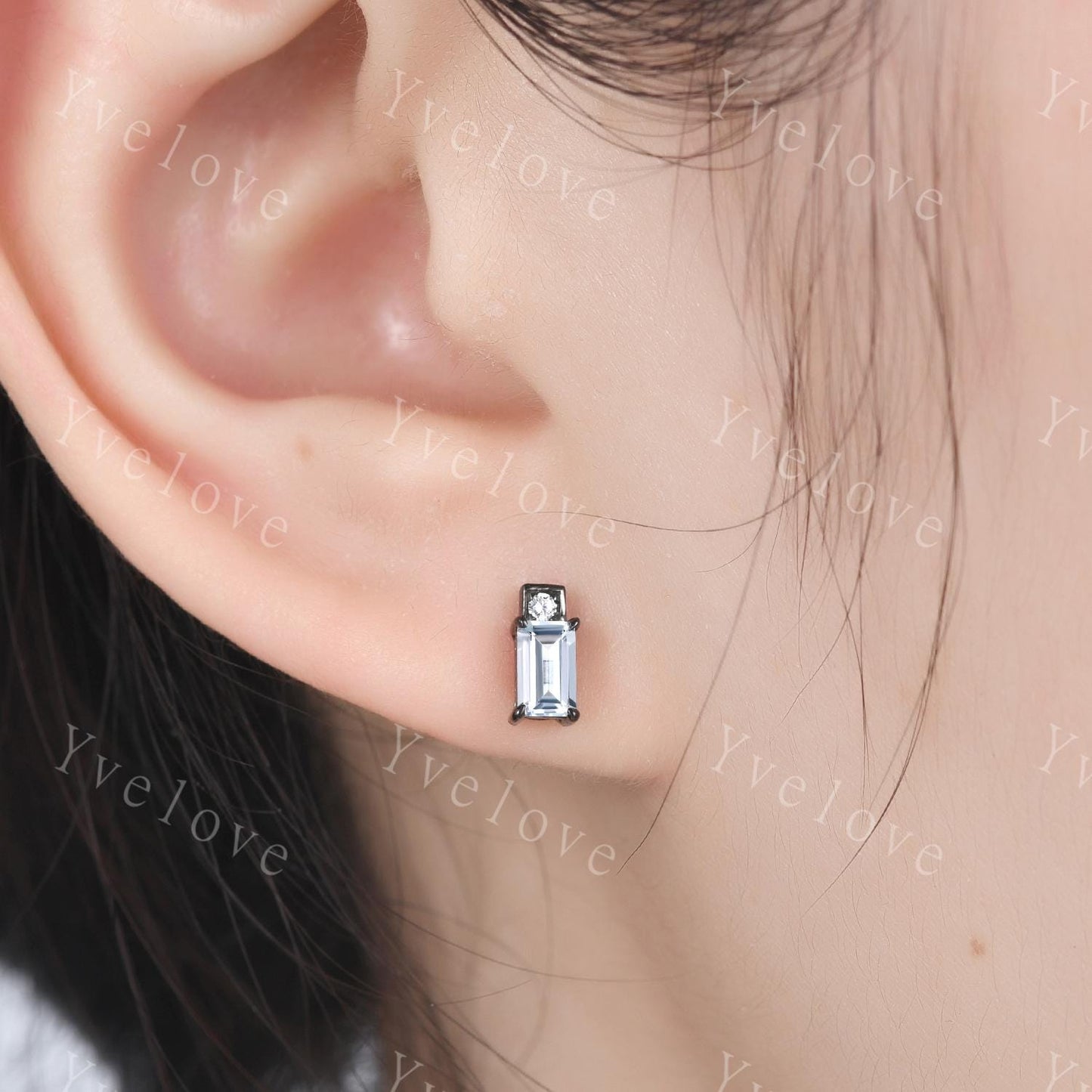 Tiny Baguette Aquamarine Moissanite Earrings,Dainty Cartilage earring,Bar-type Stud,Ear lobe Perfect Second Piercing Earring Bridesmaid Gift