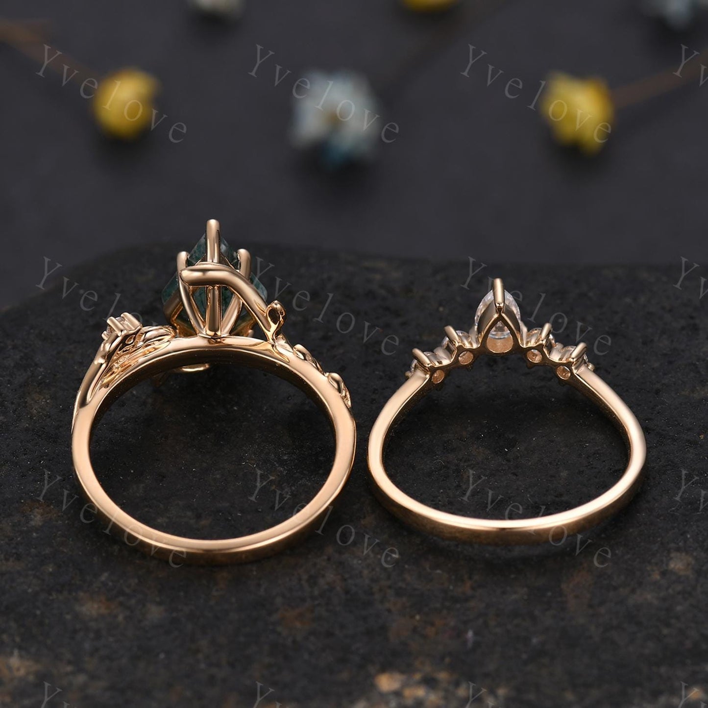 Kite Shaped Moss Agate Engagement Ring Unique Leaf Natural Green Agate Cluster Ring 14K Gold Women Promise Ring Anniversary Gift Bridal Ring