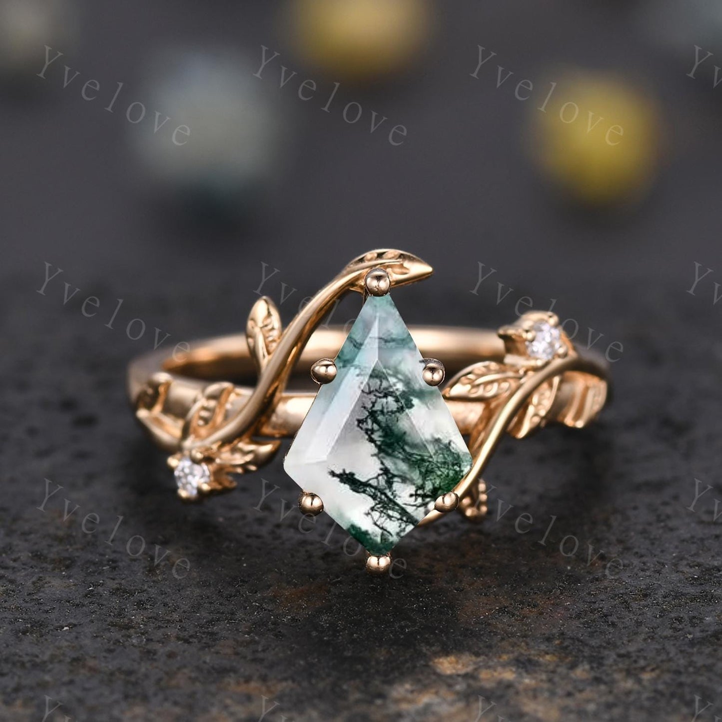 Kite Shaped Moss Agate Engagement Ring Unique Leaf Natural Green Agate Cluster Ring 14K Gold Women Promise Ring Anniversary Gift Bridal Ring