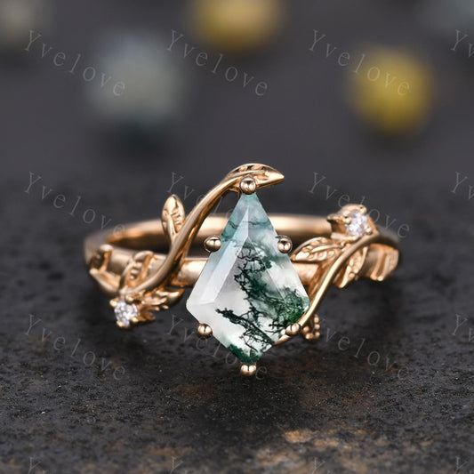Kite Shaped Moss Agate Engagement Ring Unique Leaf Natural Green Agate Cluster Ring 14K Gold Women Promise Ring Anniversary Gift Bridal Ring