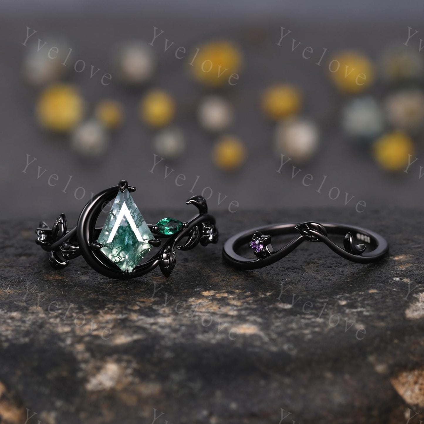 Kite Cut Moss Agate Engagement Ring,14k Black Gold Ring,Art Deco Leaf Branch Emerald Ring,Moon Unique Bridal Wedding Ring Women jewelry gift