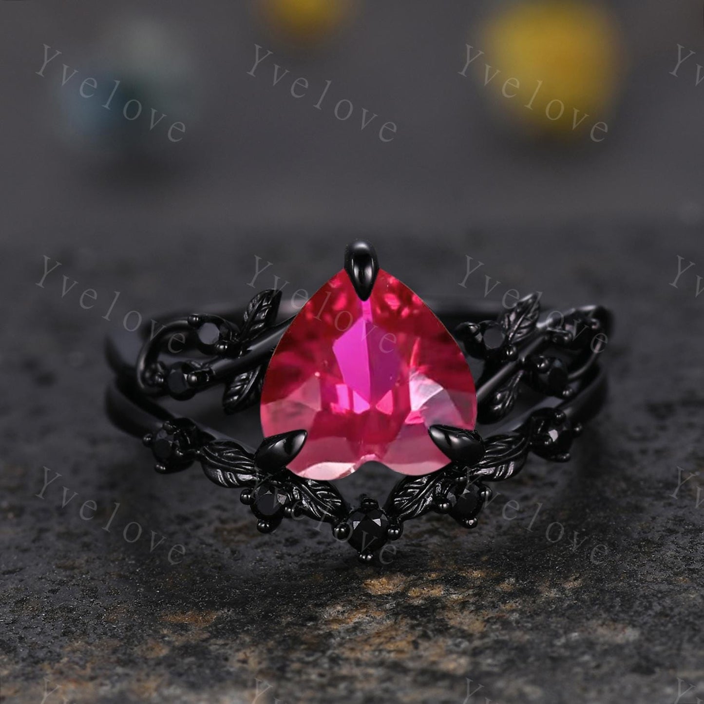 8mm Heart Shape Red Ruby Ring,Vintage Twig Vine Leaf Ring,Antique Ruby Bridal Promise Ring Set Nature Inspired Black Onyx Black Gold Ring