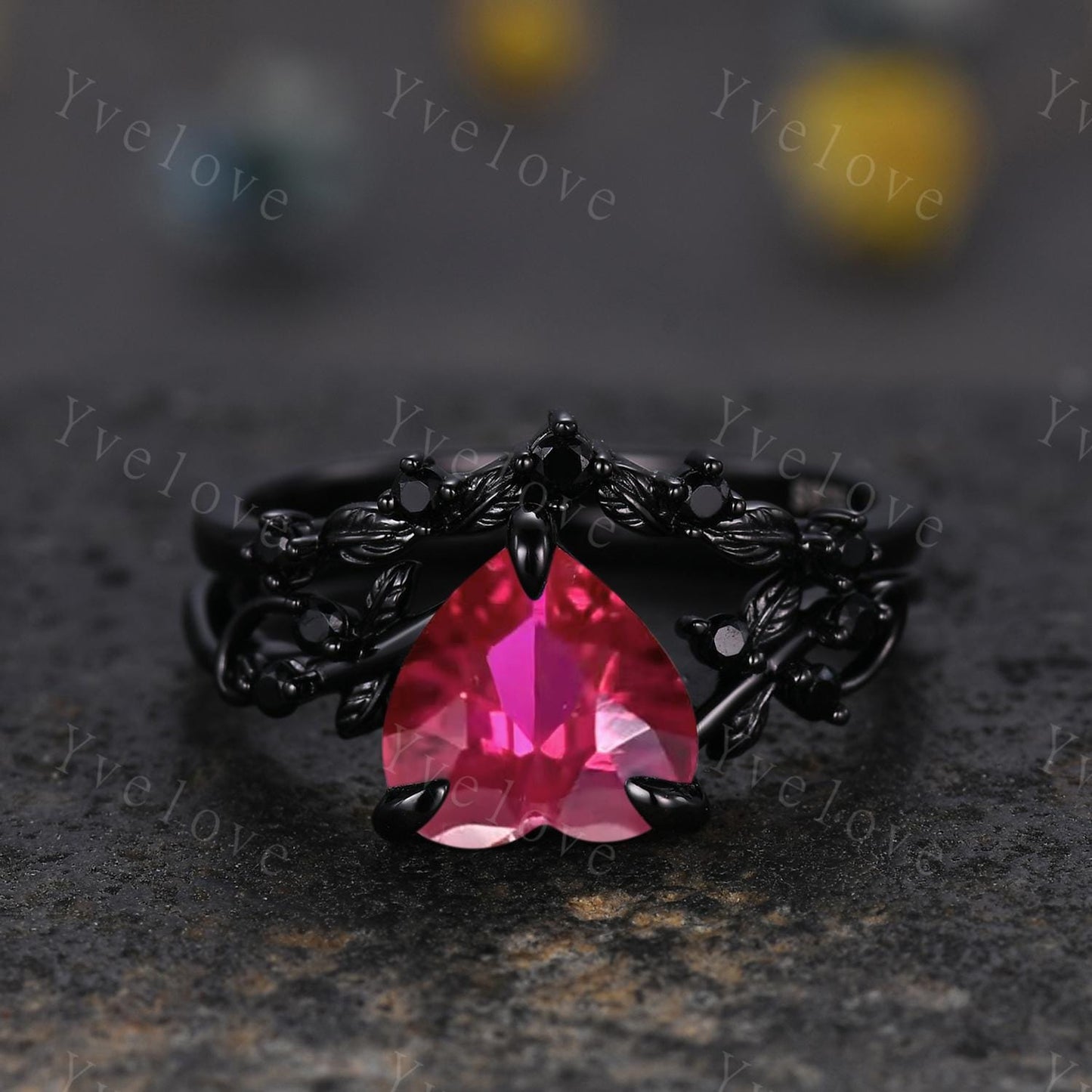 8mm Heart Shape Red Ruby Ring,Vintage Twig Vine Leaf Ring,Antique Ruby Bridal Promise Ring Natural Inspired Black Onyx Black Gold Ring Gift