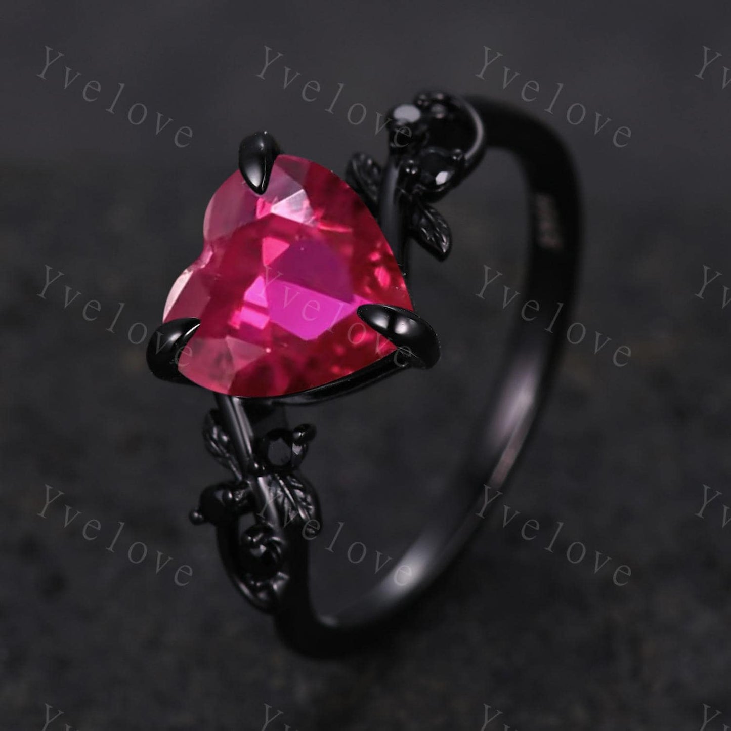 8mm Heart Shape Red Ruby Ring,Vintage Twig Vine Leaf Ring,Antique Ruby Bridal Promise Ring Natural Inspired Black Onyx Black Gold Ring Gift