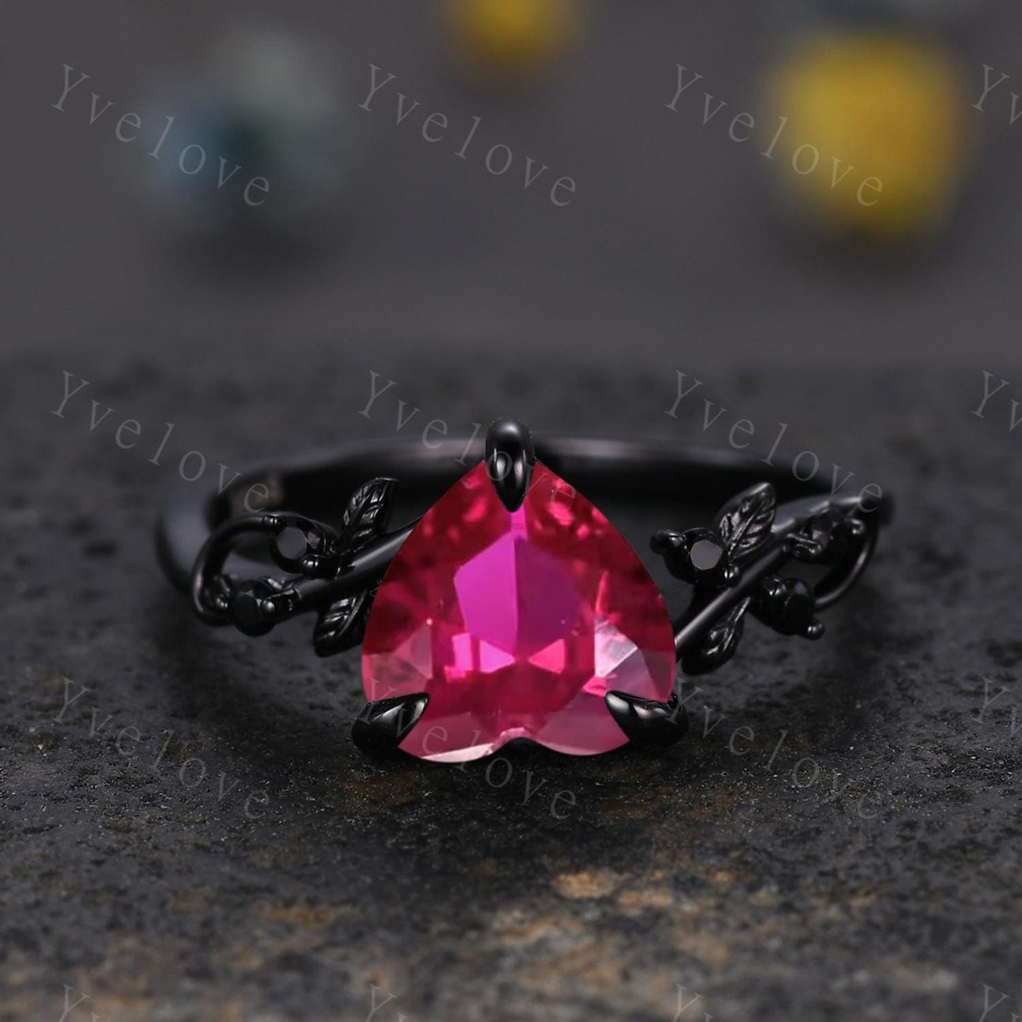 8mm Heart Shape Red Ruby Ring,Vintage Twig Vine Leaf Ring,Antique Ruby Bridal Promise Ring Natural Inspired Black Onyx Black Gold Ring Gift