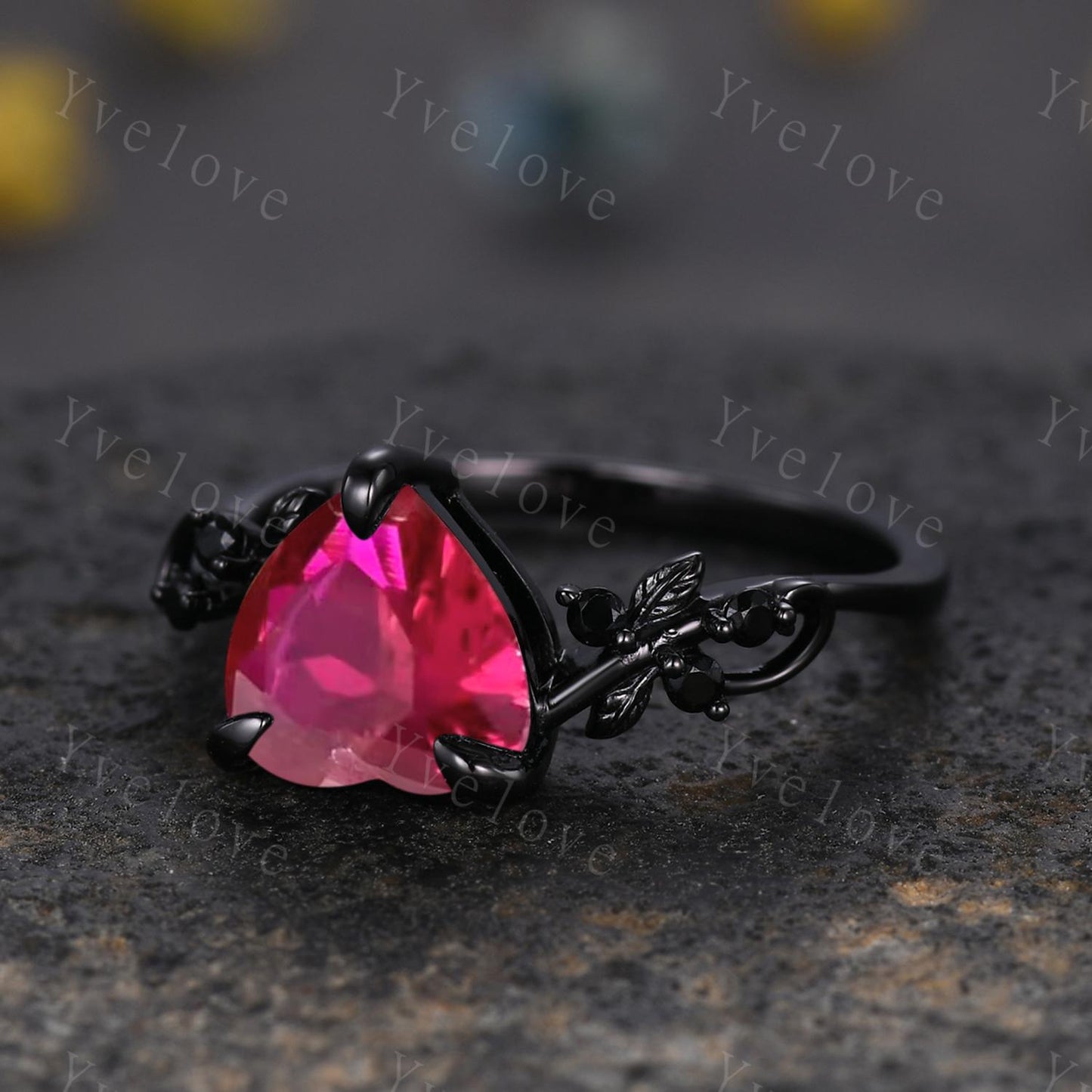 8mm Heart Shape Red Ruby Ring,Vintage Twig Vine Leaf Ring,Antique Ruby Bridal Promise Ring Natural Inspired Black Onyx Black Gold Ring Gift