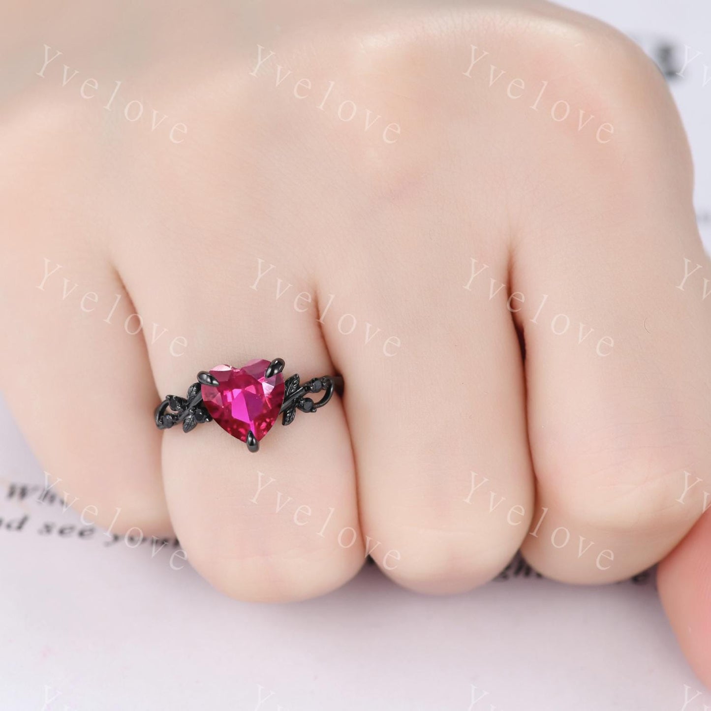 8mm Heart Shape Red Ruby Ring,Vintage Twig Vine Leaf Ring,Antique Ruby Bridal Promise Ring Natural Inspired Black Onyx Black Gold Ring Gift