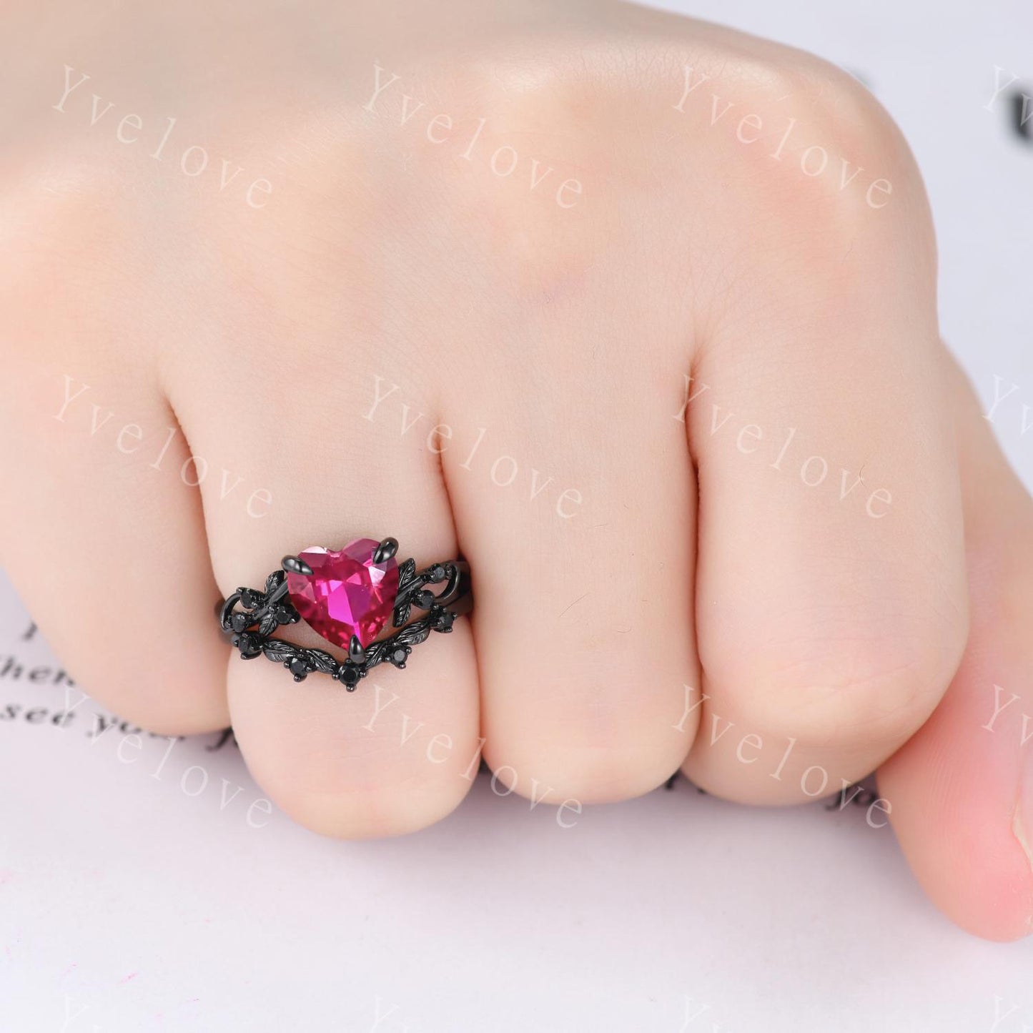 8mm Heart Shape Red Ruby Ring,Vintage Twig Vine Leaf Ring,Antique Ruby Bridal Promise Ring Set Nature Inspired Black Onyx Black Gold Ring