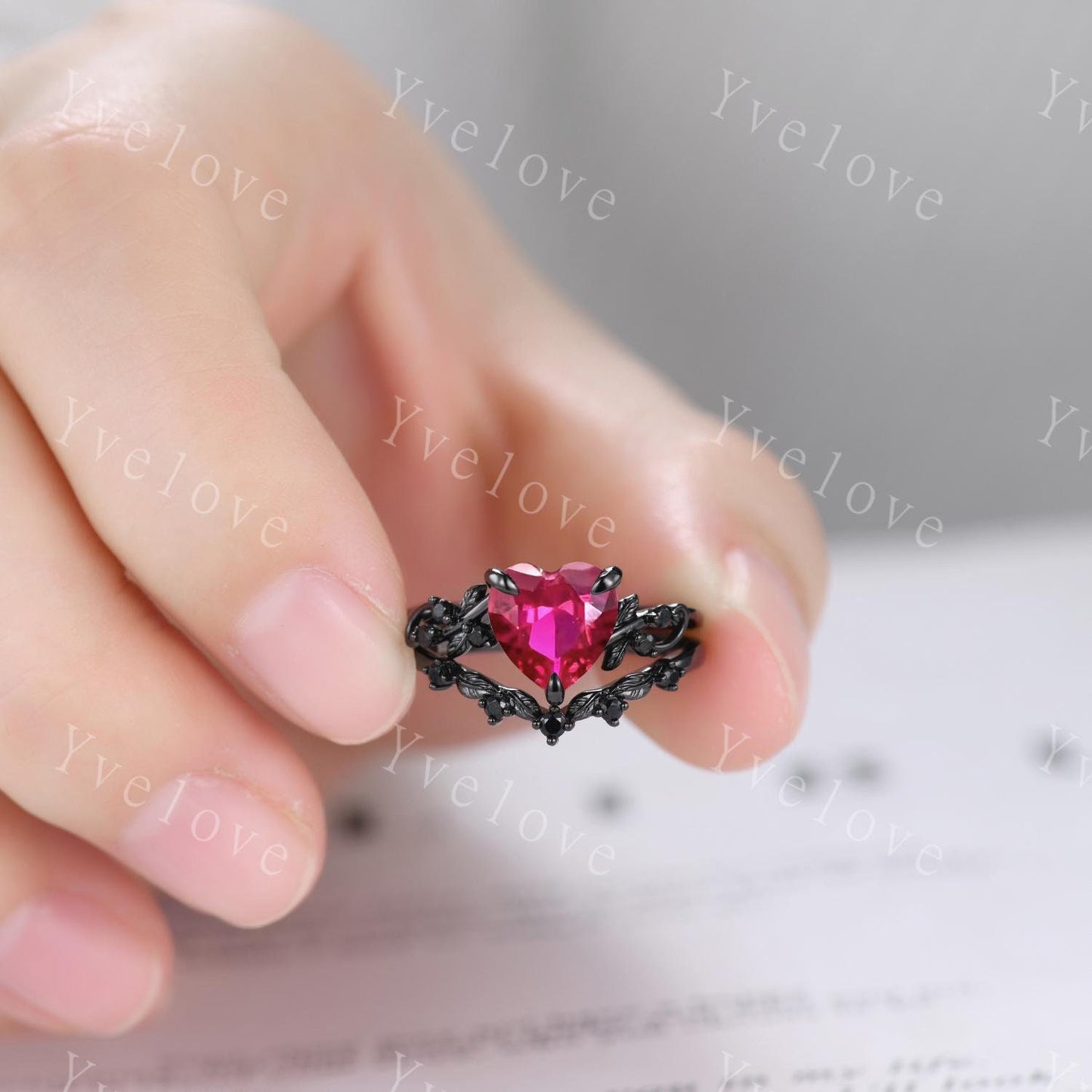 8mm Heart Shape Red Ruby Ring,Vintage Twig Vine Leaf Ring,Antique Ruby Bridal Promise Ring Natural Inspired Black Onyx Black Gold Ring Gift