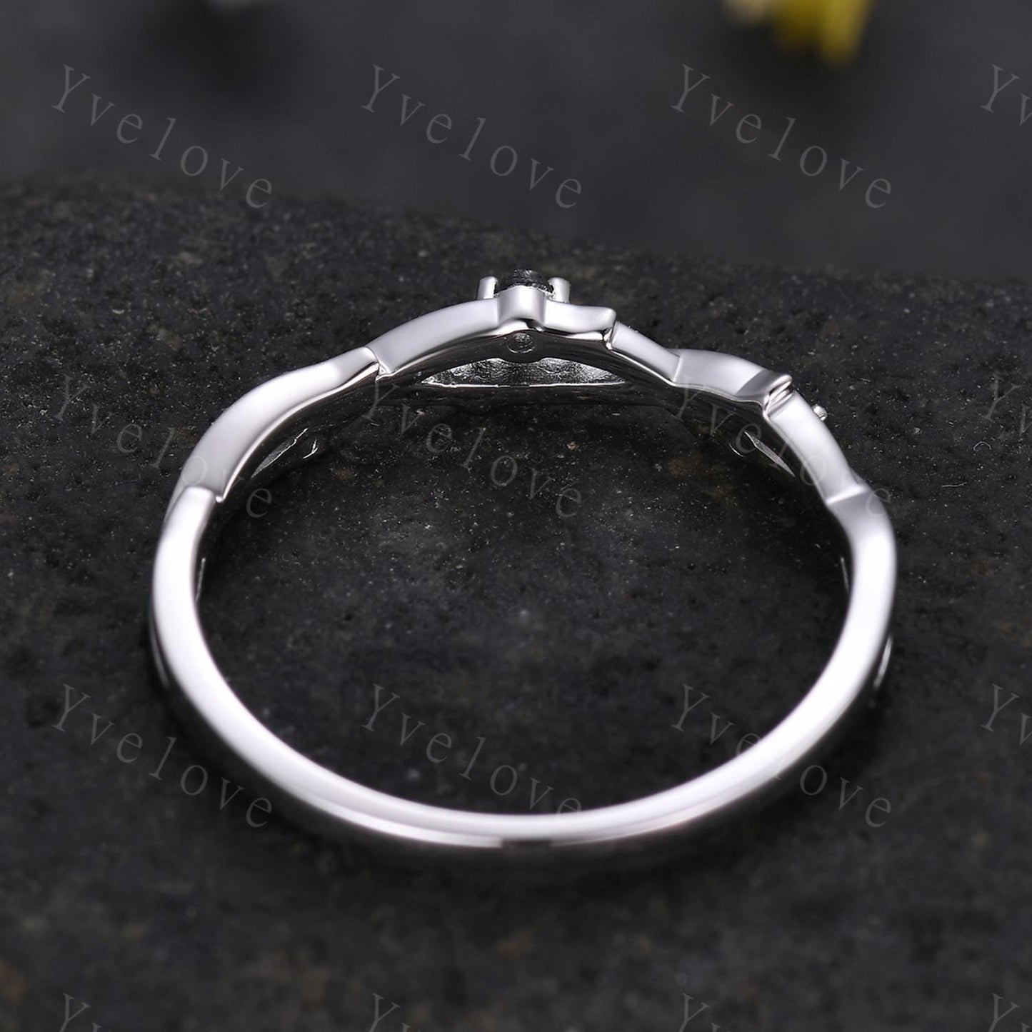 Minimalist Twig Black Rutilated Quartz Engagement Ring,Women Leaf Matching Band,Art Deco Branch Black Gem Wedding Band,Twisted Band,Silver