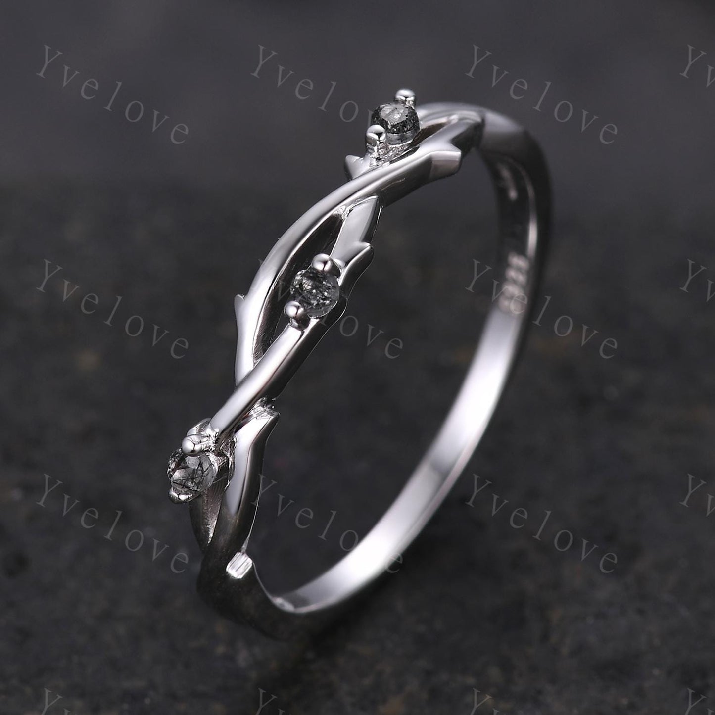 Minimalist Twig Black Rutilated Quartz Engagement Ring,Women Leaf Matching Band,Art Deco Branch Black Gem Wedding Band,Twisted Band,Silver