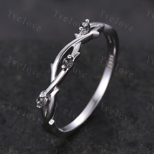 Minimalist Twig Black Rutilated Quartz Engagement Ring,Women Leaf Matching Band,Art Deco Branch Black Gem Wedding Band,Twisted Band,Silver