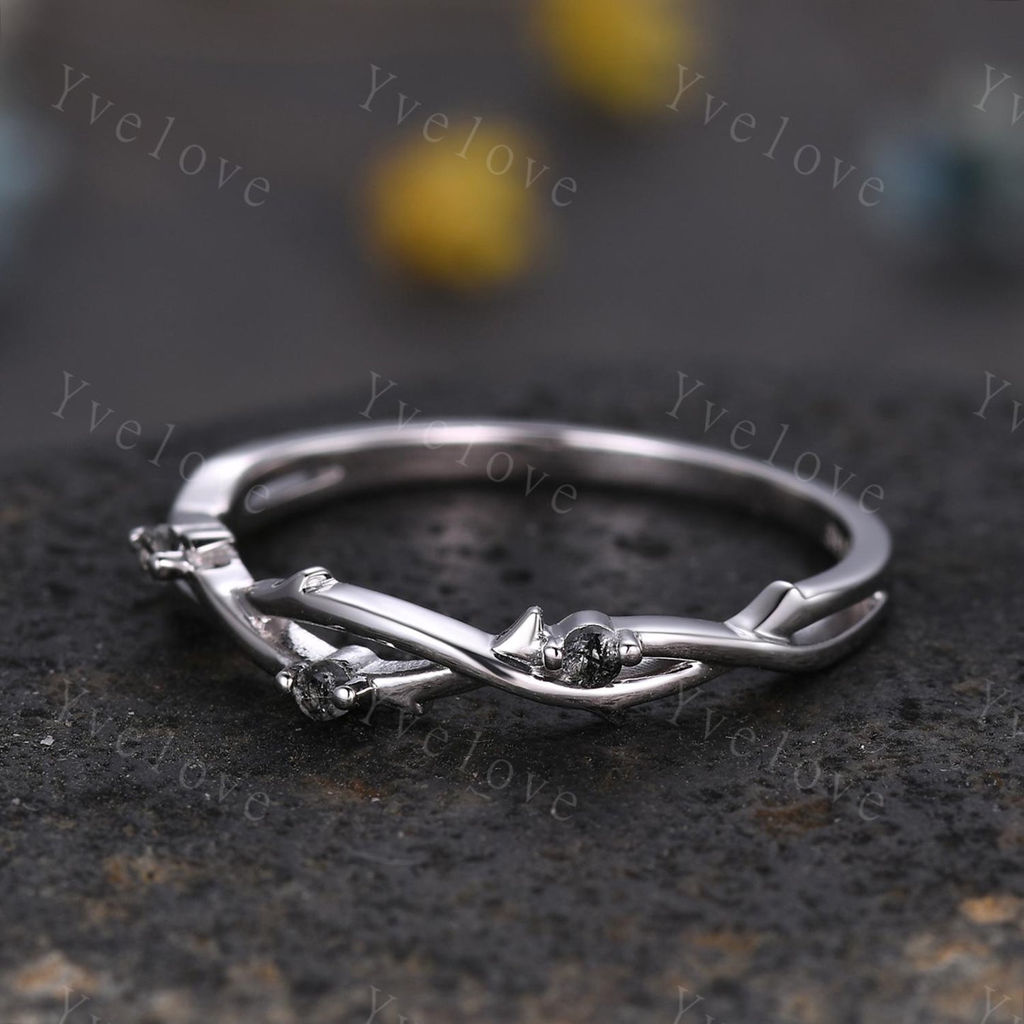 Minimalist Twig Black Rutilated Quartz Engagement Ring,Women Leaf Matching Band,Art Deco Branch Black Gem Wedding Band,Twisted Band,Silver