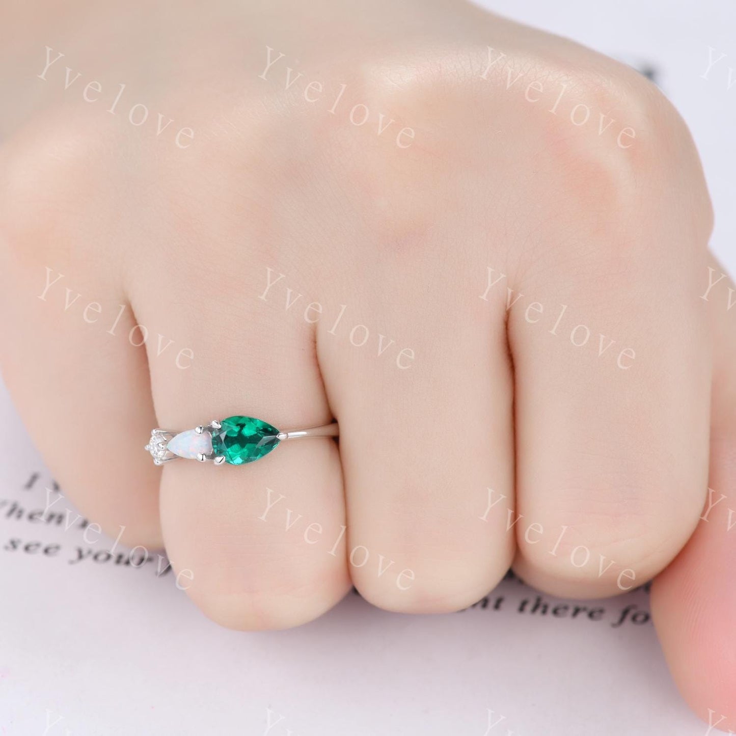 Vintage Emerald Opal Engagement Ring,Pear Cut Gems,Art Deco Moissanite Wedding Band,3 Stone Unique Women Bridal Promise Ring,Customized Gift